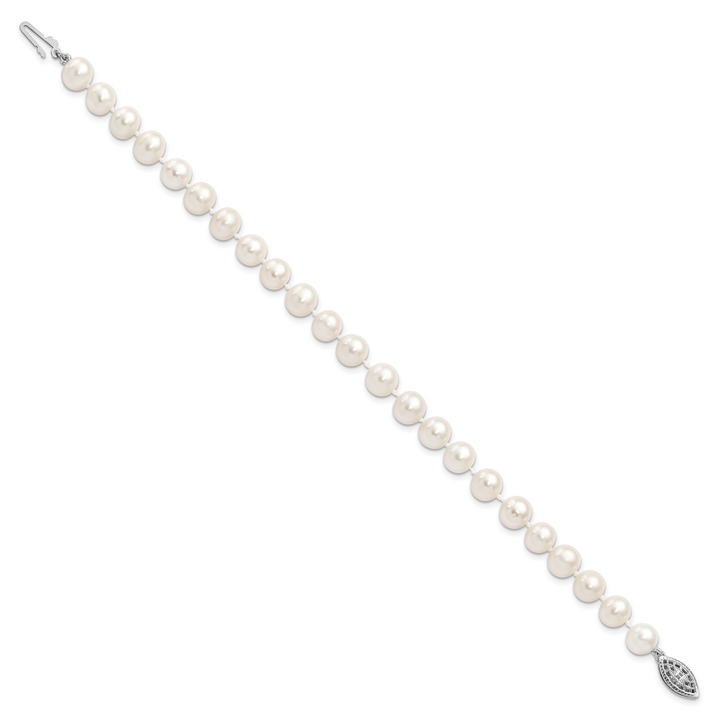 Sterling Silver Rhodium-plated 7-8mm White Near Round Freshwater Cultured Pearl8.25 inch  Bracelet