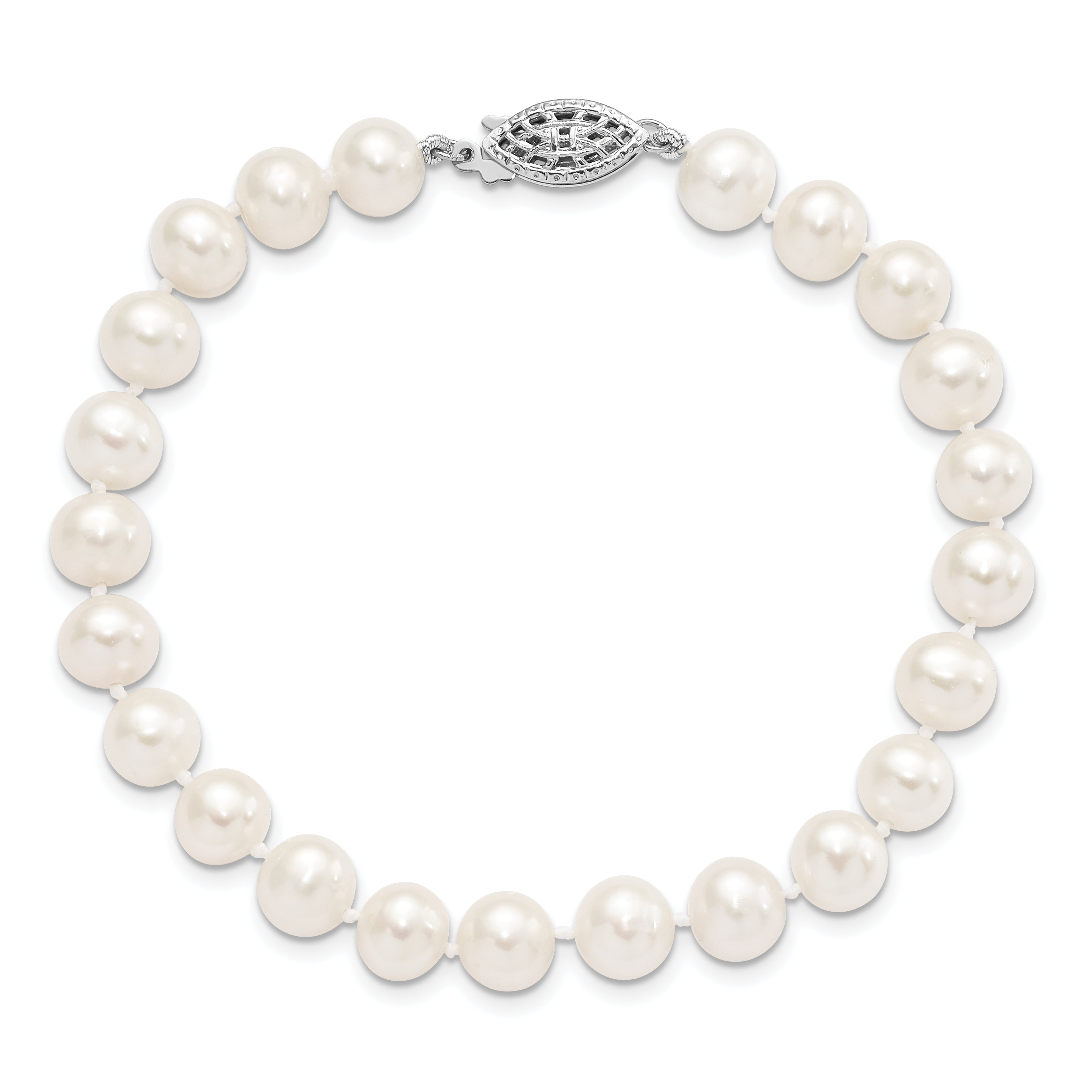 Sterling Silver Rhodium-plated 7-8mm White Near Round Freshwater Cultured Pearl8.25 inch  Bracelet