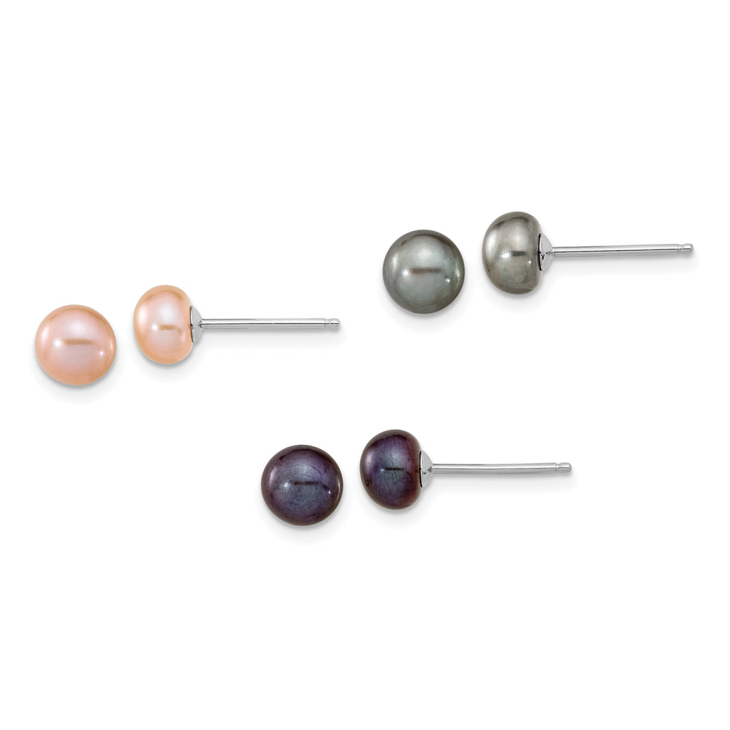 Sterling Silver Rhodium-plated 6-7mm Black, Pink and Gray Semi-Round Freshwater Cultured Pearl 18 inch Necklace, 7.25 inch Bracelet and 3-piece Button Post Earrings Set