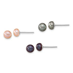 Sterling Silver Rhodium-plated 6-7mm Black, Pink and Gray Semi-Round Freshwater Cultured Pearl 18 inch Necklace, 7.25 inch Bracelet and 3-piece Button Post Earrings Set