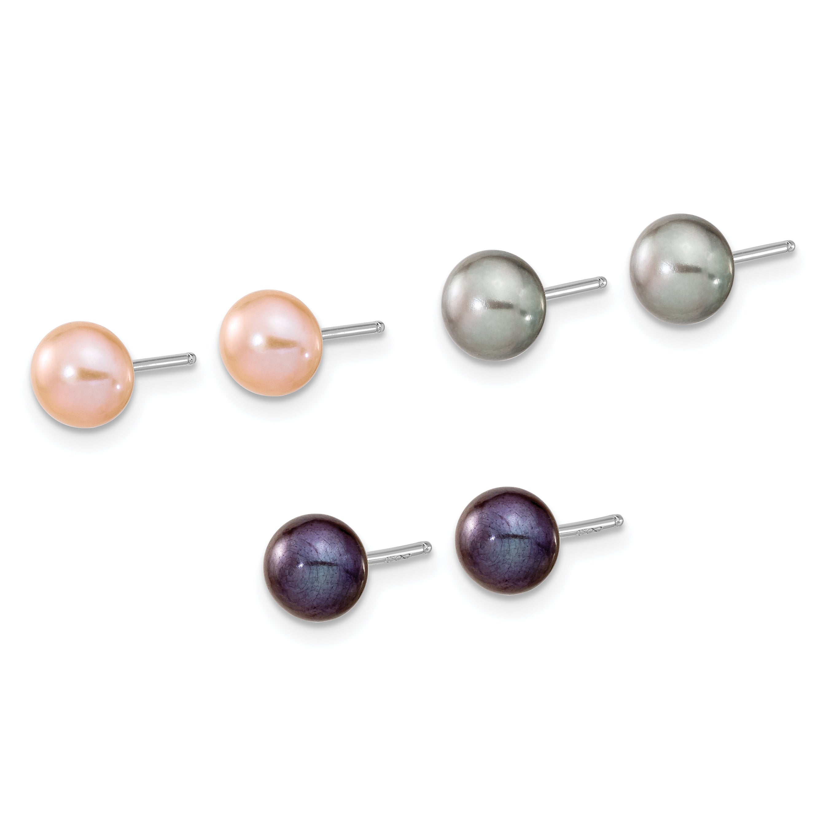Sterling Silver Rhodium-plated 6-7mm Black, Pink and Gray Semi-Round Freshwater Cultured Pearl 18 inch Necklace, 7.25 inch Bracelet and 3-piece Button Post Earrings Set