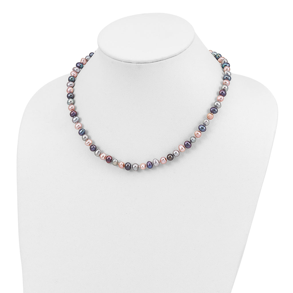 Sterling Silver Rhodium-plated 6-7mm Black, Pink and Gray Semi-Round Freshwater Cultured Pearl 18 inch Necklace, 7.25 inch Bracelet and 3-piece Button Post Earrings Set