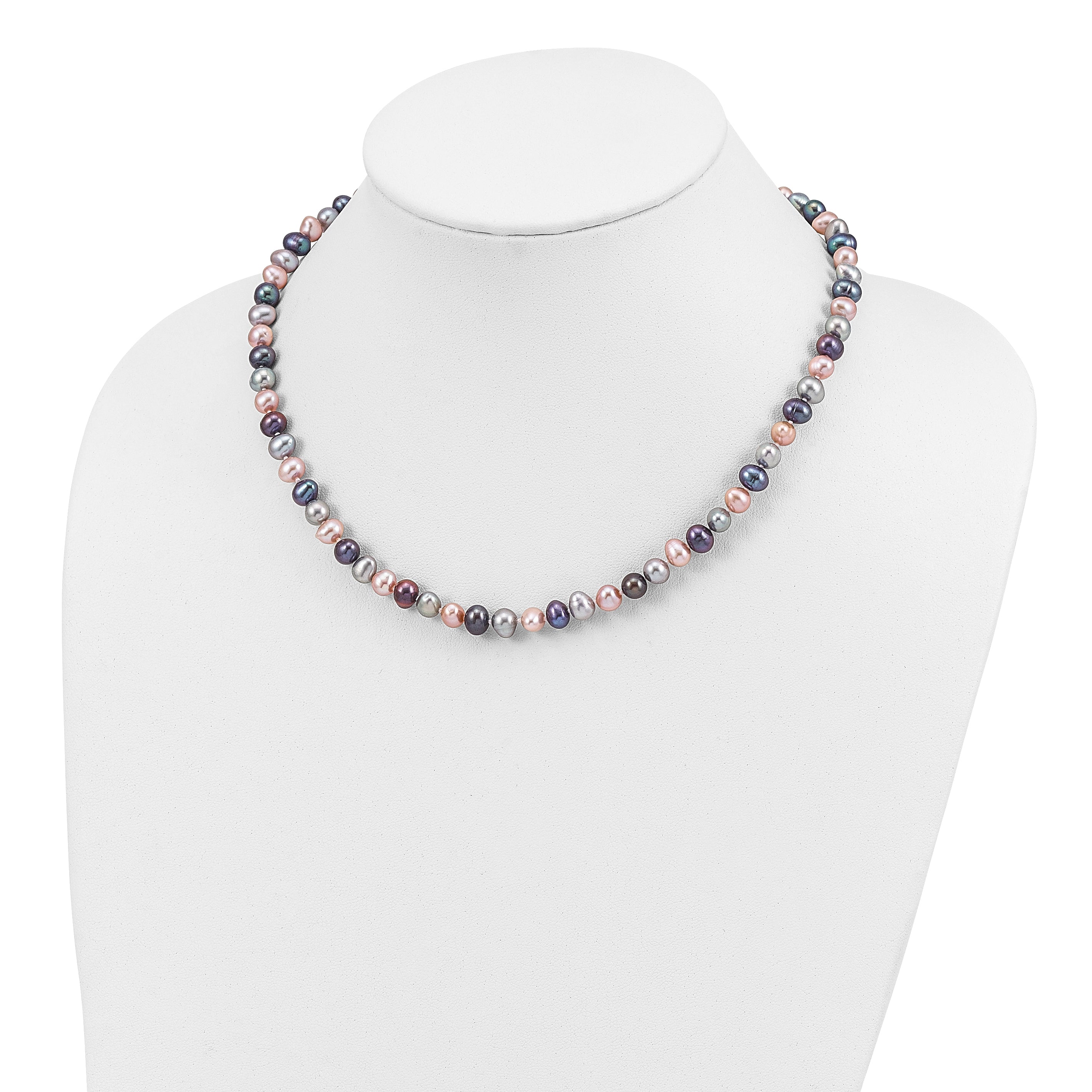 Sterling Silver Rhodium-plated 6-7mm Black, Pink and Gray Semi-Round Freshwater Cultured Pearl 18 inch Necklace, 7.25 inch Bracelet and 3-piece Button Post Earrings Set