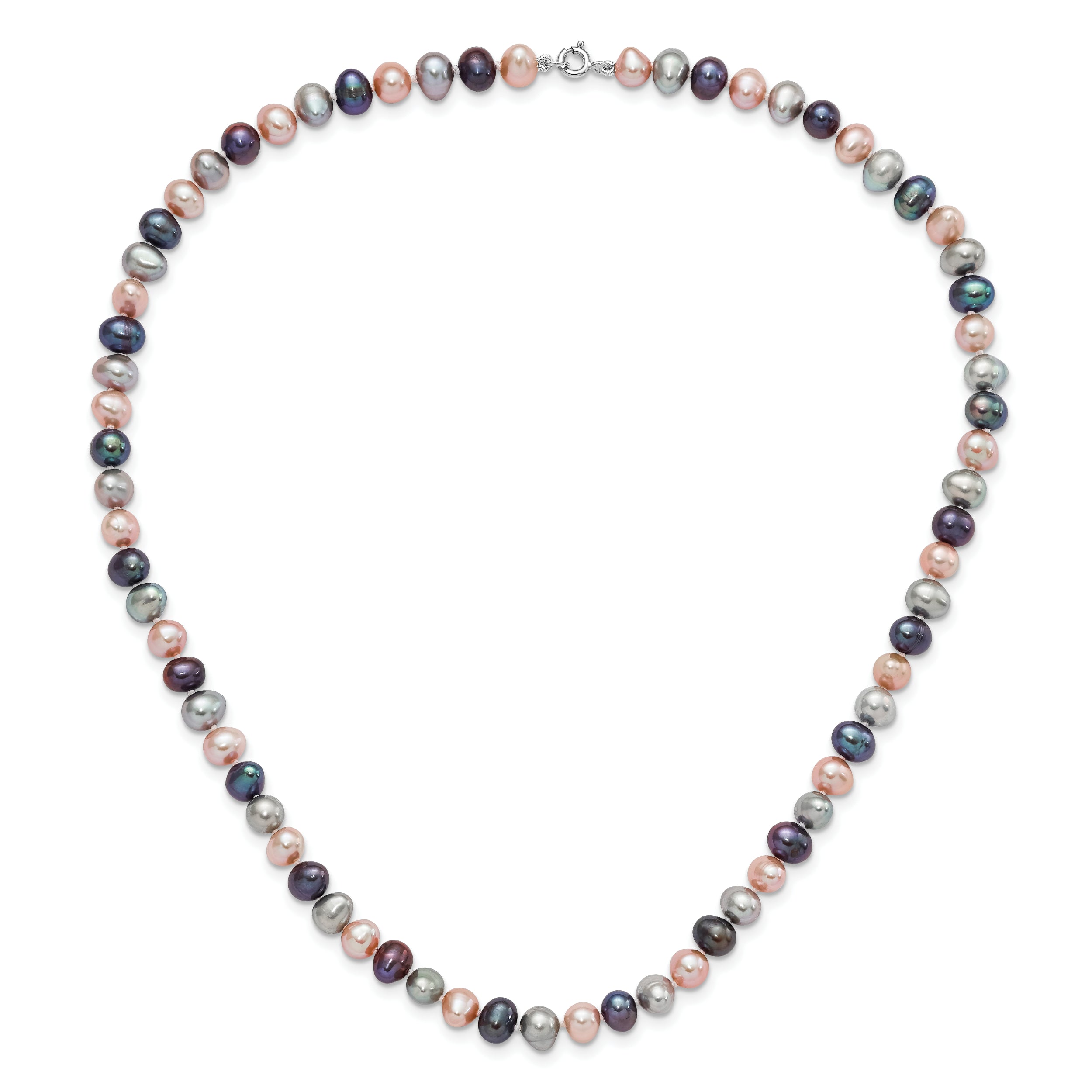 Sterling Silver Rhodium-plated 6-7mm Black, Pink and Gray Semi-Round Freshwater Cultured Pearl 18 inch Necklace, 7.25 inch Bracelet and 3-piece Button Post Earrings Set