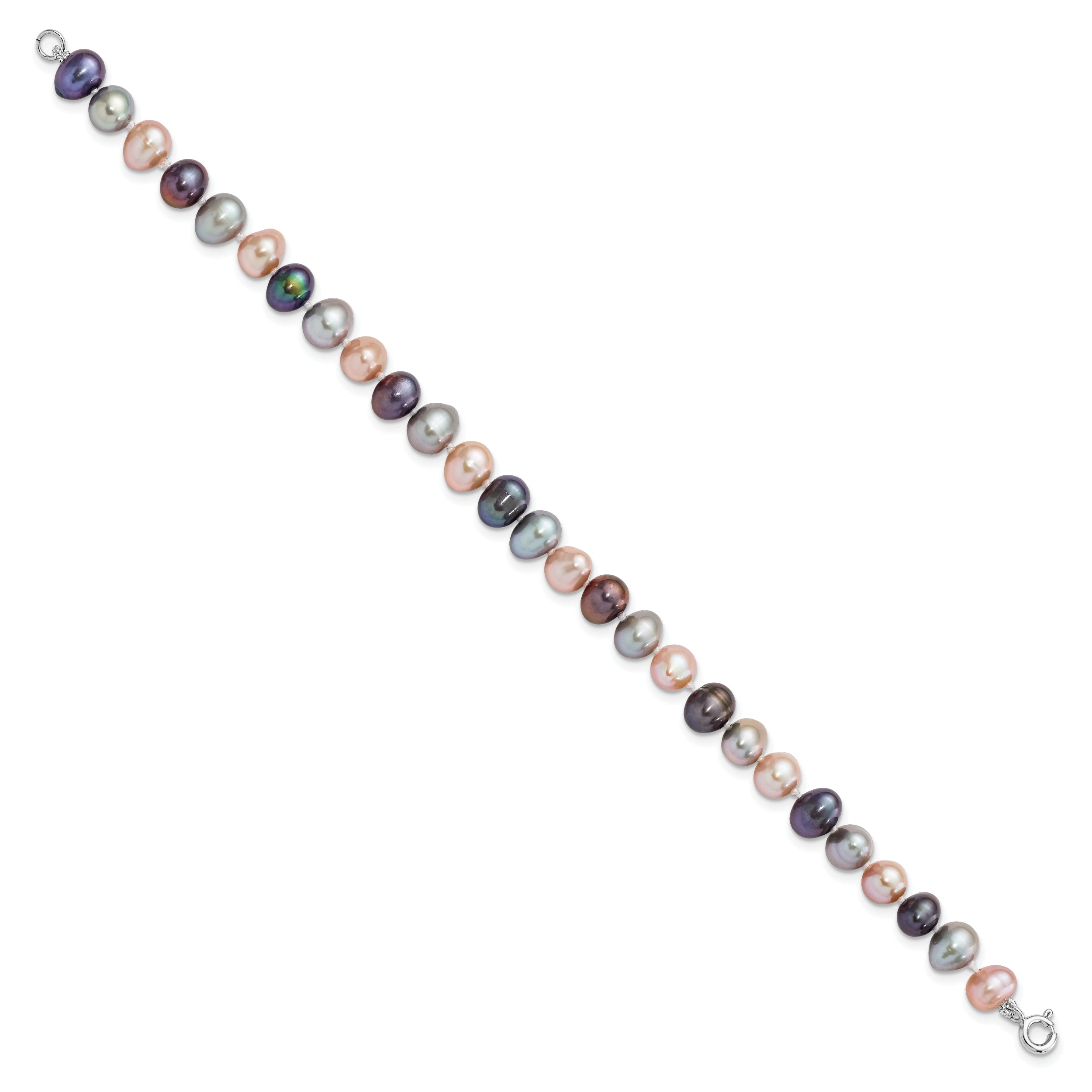 Sterling Silver Rhodium-plated 6-7mm Black, Pink and Gray Semi-Round Freshwater Cultured Pearl 18 inch Necklace, 7.25 inch Bracelet and 3-piece Button Post Earrings Set