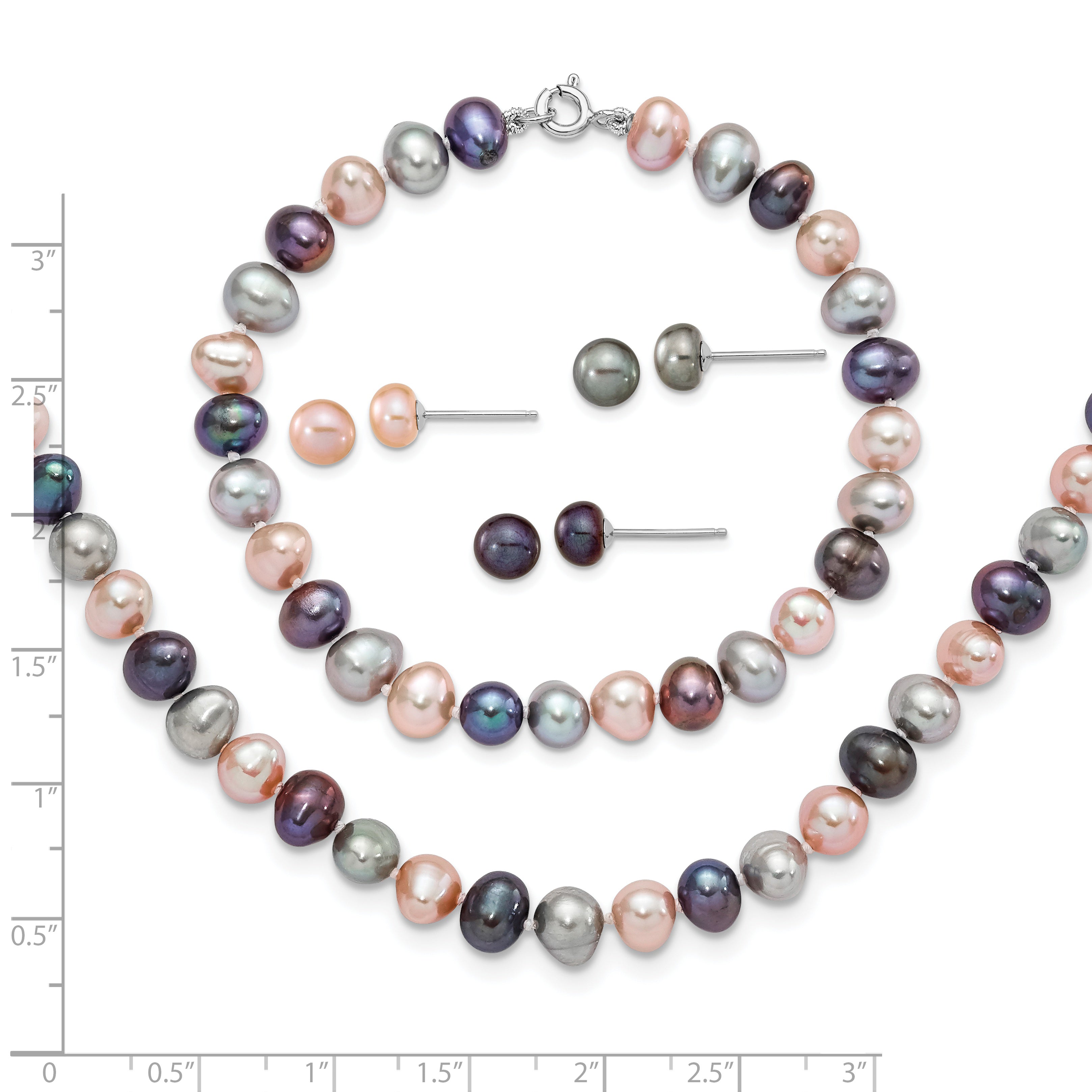 Sterling Silver Rhodium-plated 6-7mm Black, Pink and Gray Semi-Round Freshwater Cultured Pearl 18 inch Necklace, 7.25 inch Bracelet and 3-piece Button Post Earrings Set