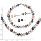 Sterling Silver Rhodium-plated 6-7mm Black, Pink and Gray Semi-Round Freshwater Cultured Pearl 18 inch Necklace, 7.25 inch Bracelet and 3-piece Button Post Earrings Set