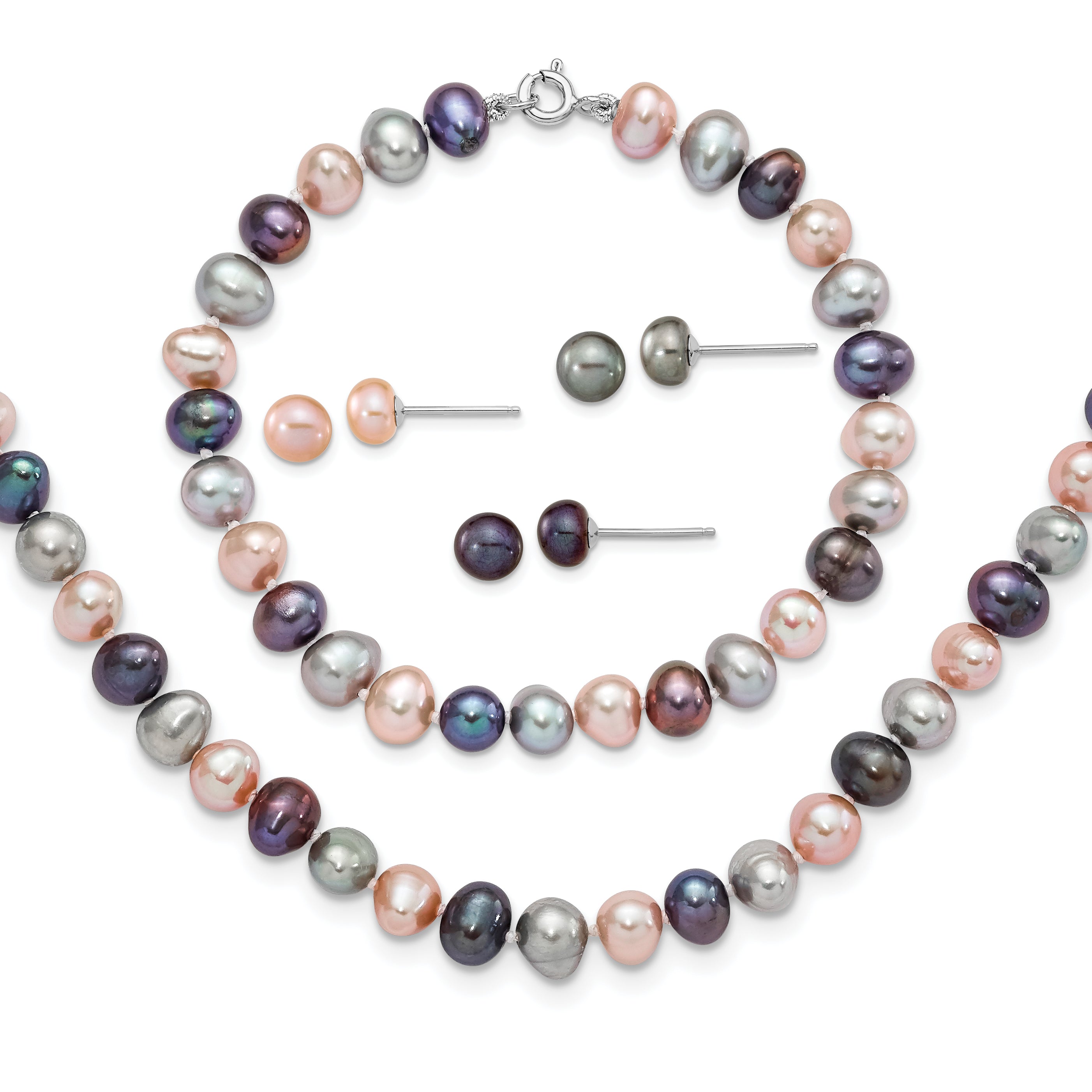 Sterling Silver Rhodium-plated 6-7mm Black, Pink and Gray Semi-Round Freshwater Cultured Pearl 18 inch Necklace, 7.25 inch Bracelet and 3-piece Button Post Earrings Set