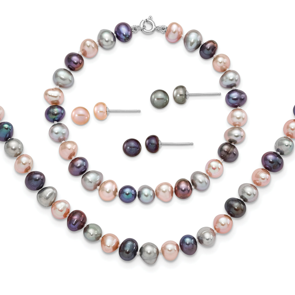 Sterling Silver RH 6-7mm Bla/Pi/G FWC Pearl Neck 7.25 Brac&3pc Earring Set