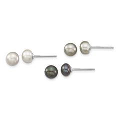Sterling Silver Rhodium-plated 6-7mm Grey and Black Semi-Round Freshwater Cultured Pearl 18 inch Necklace and 7.25 Bracelet and 3-piece Button Post Earrings Set