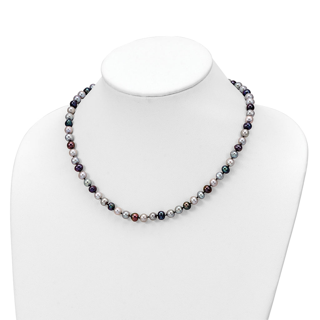 Sterling Silver Rhodium-plated 6-7mm Grey and Black Semi-Round Freshwater Cultured Pearl 18 inch Necklace and 7.25 Bracelet and 3-piece Button Post Earrings Set