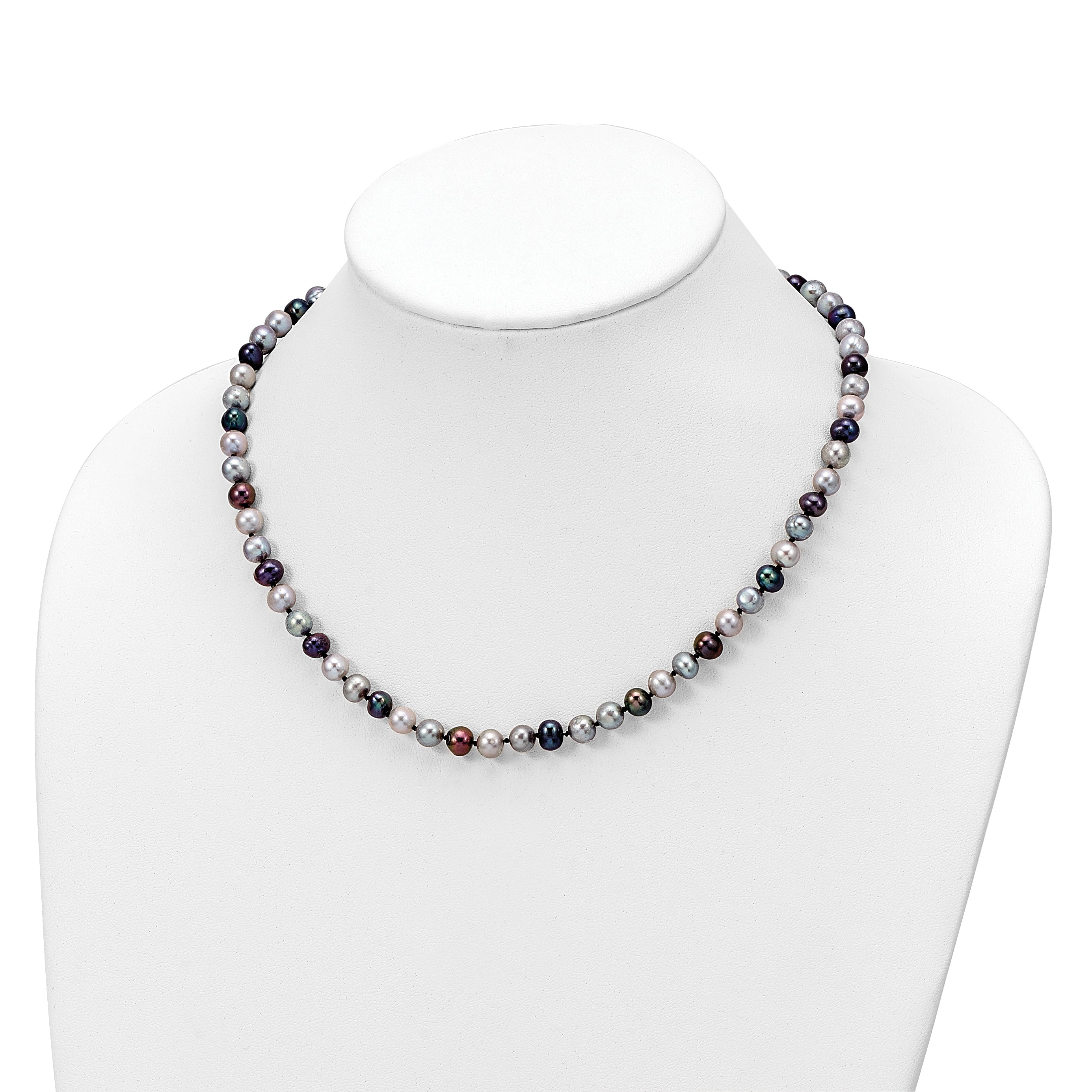 Sterling Silver Rhodium-plated 6-7mm Grey and Black Semi-Round Freshwater Cultured Pearl 18 inch Necklace and 7.25 Bracelet and 3-piece Button Post Earrings Set