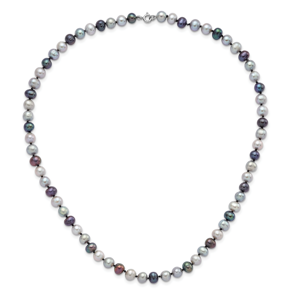 Sterling Silver Rhodium-plated 6-7mm Grey and Black Semi-Round Freshwater Cultured Pearl 18 inch Necklace and 7.25 Bracelet and 3-piece Button Post Earrings Set
