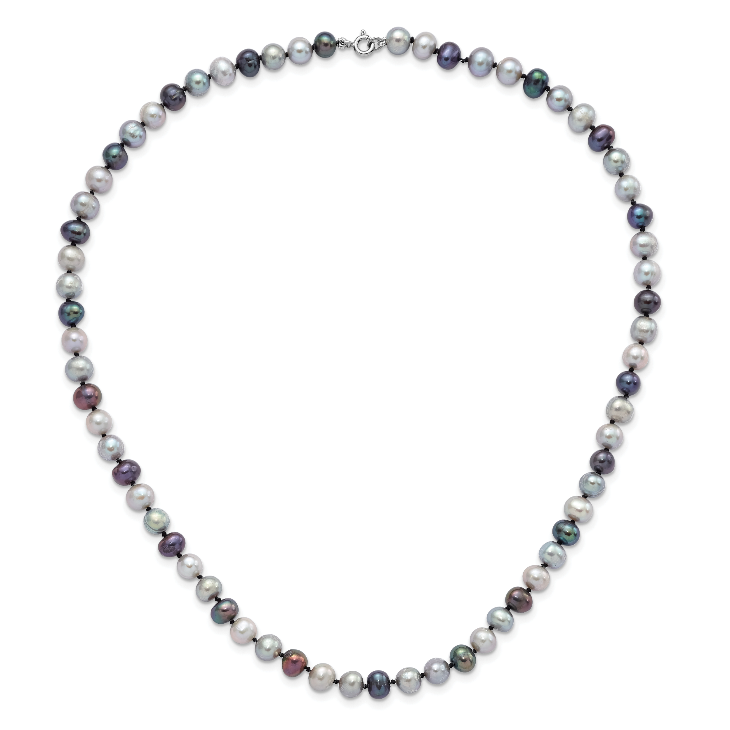 Sterling Silver Rhodium-plated 6-7mm Grey and Black Semi-Round Freshwater Cultured Pearl 18 inch Necklace and 7.25 Bracelet and 3-piece Button Post Earrings Set