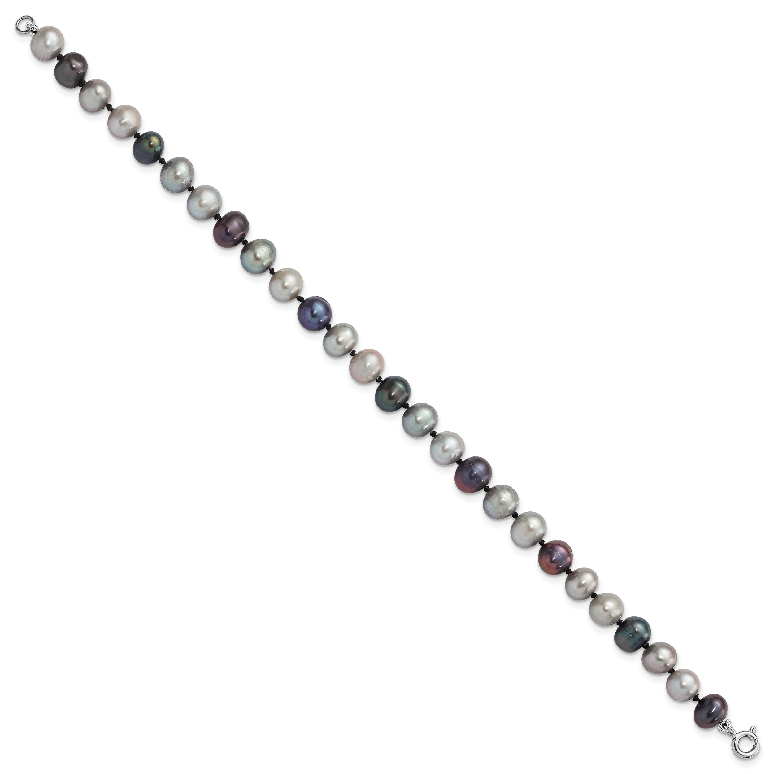 Sterling Silver Rhodium-plated 6-7mm Grey and Black Semi-Round Freshwater Cultured Pearl 18 inch Necklace and 7.25 Bracelet and 3-piece Button Post Earrings Set