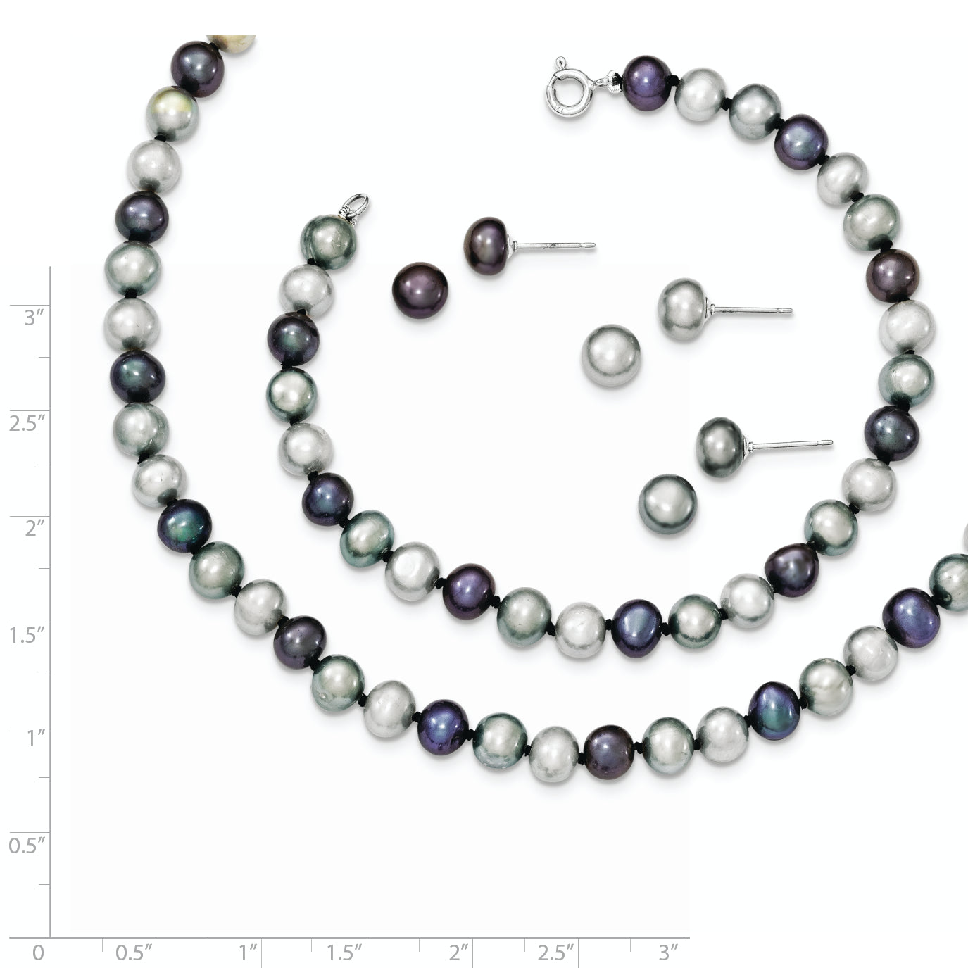 Sterling Silver Rhodium-plated 6-7mm Grey and Black Semi-Round Freshwater Cultured Pearl 18 inch Necklace and 7.25 Bracelet and 3-piece Button Post Earrings Set