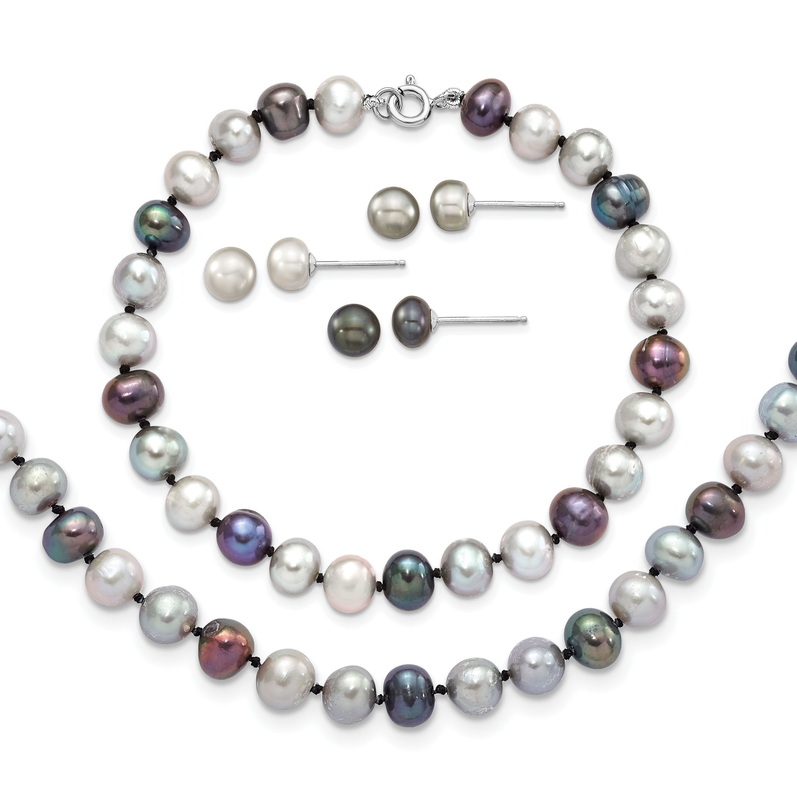 Sterling Silver Rhodium-plated 6-7mm Grey and Black Semi-Round Freshwater Cultured Pearl 18 inch Necklace and 7.25 Bracelet and 3-piece Button Post Earrings Set
