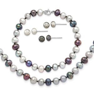 Sterling Silver Rhodium-plated 6-7mm Grey and Black Semi-Round Freshwater Cultured Pearl 18 inch Necklace and 7.25 Bracelet and 3-piece Button Post Earrings Set
