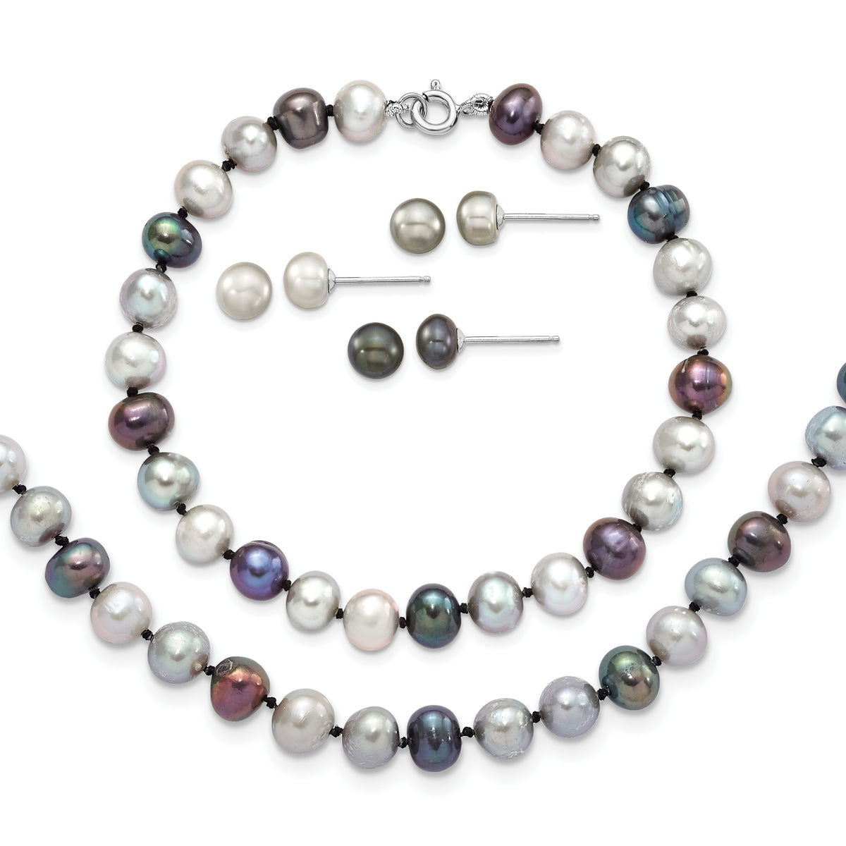 Sterling Silver Rhodium-plated 6-7mm Grey and Black Semi-Round Freshwater Cultured Pearl 18 inch Necklace and 7.25 Bracelet and 3-piece Button Post Earrings Set