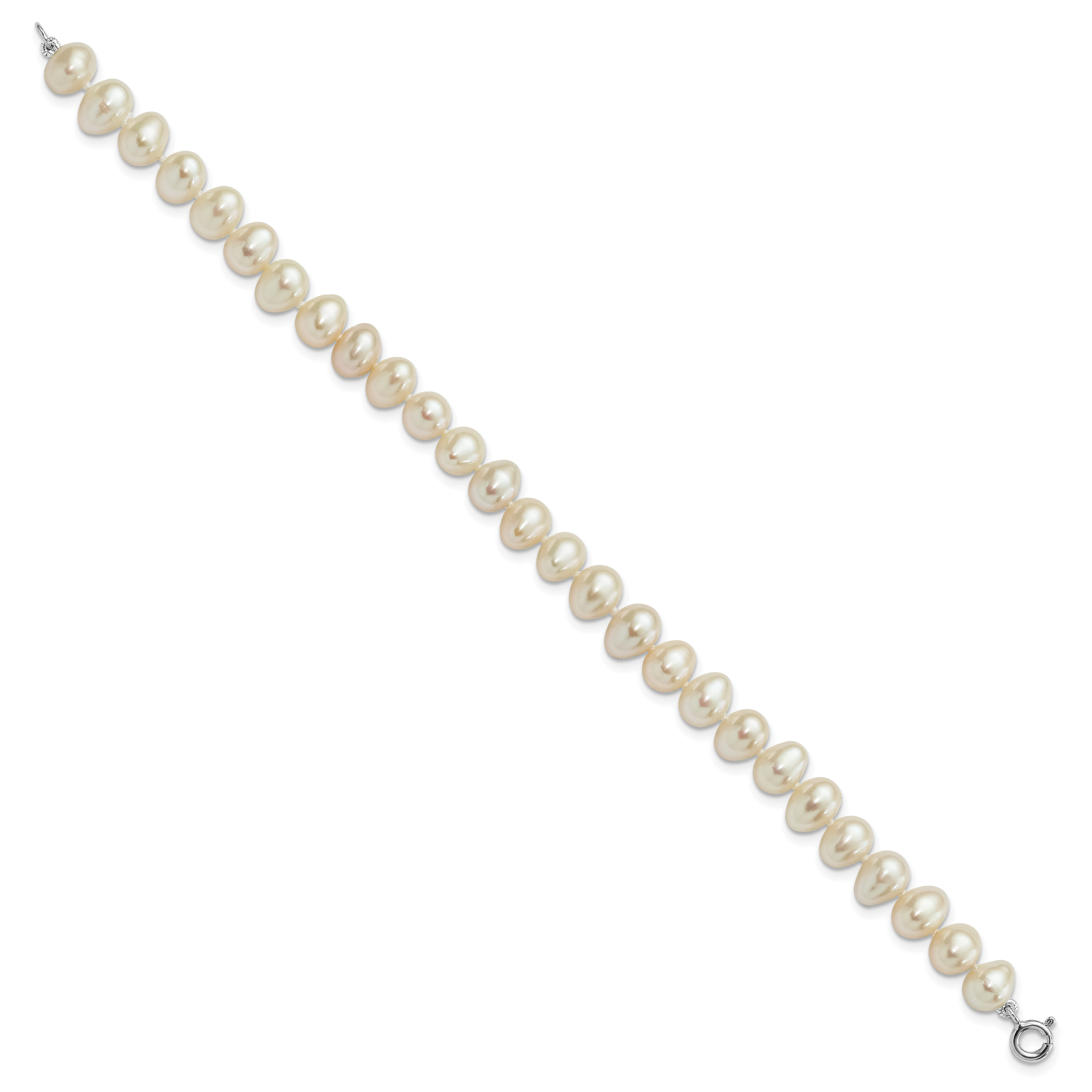 Sterling Silver Rhodium-plated 6-7mm White Semi-Round Freshwater Cultured Pearl 18 inch Necklace, 7.25 in Bracelet and Button Post Earrings Set