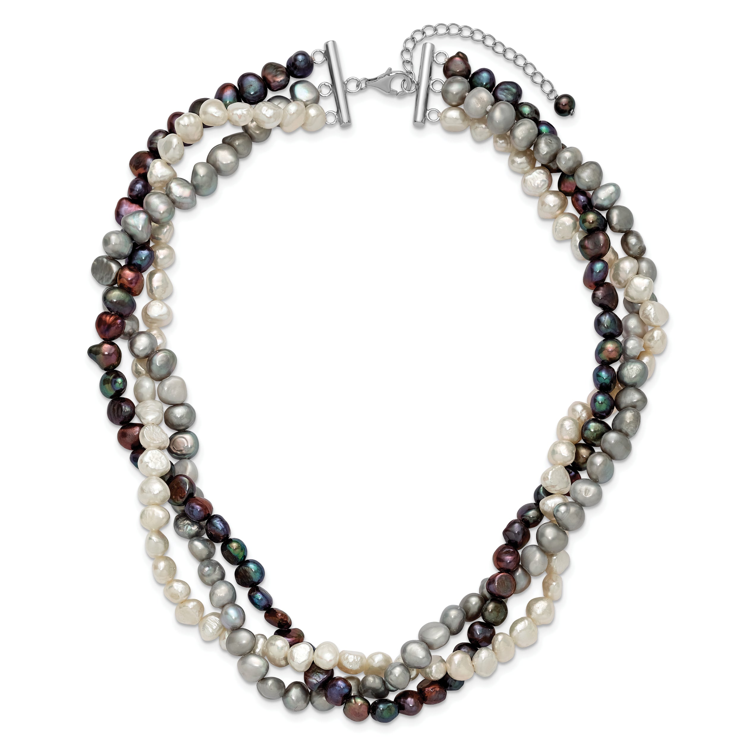 Sterling Silver RH 6-7mm White/Black/Silver FWC Pearl With 2in ext. Necklace