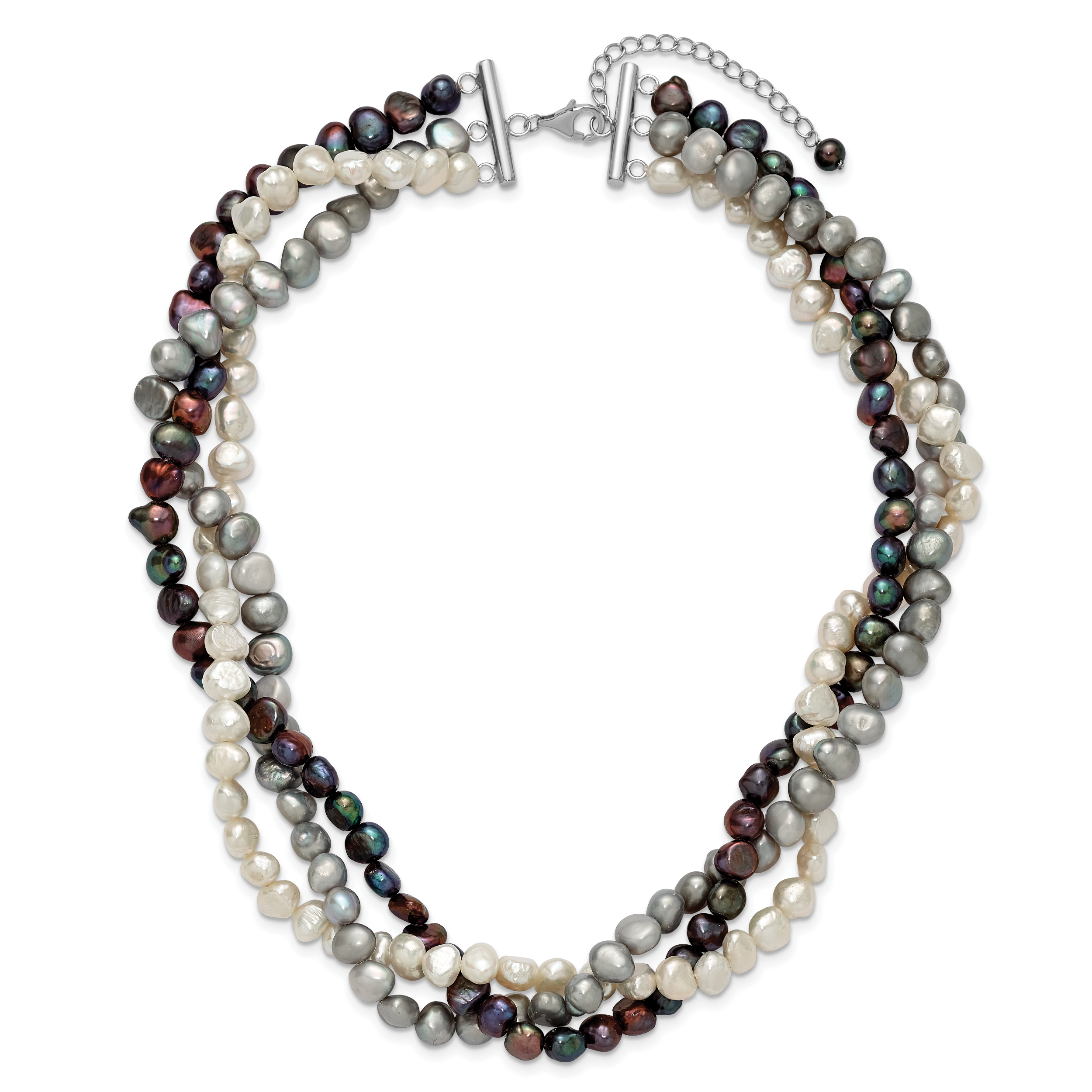 Sterling Silver RH 6-7mm White/Black/Silver FWC Pearl With 2in ext. Necklace