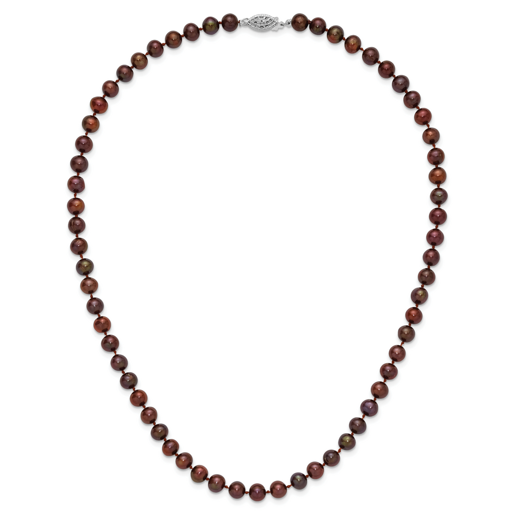 Sterling Silver Rhodium-plated 6-7mm Brown Near-Round Freshwater Cultured Pearl 18 inch Necklace