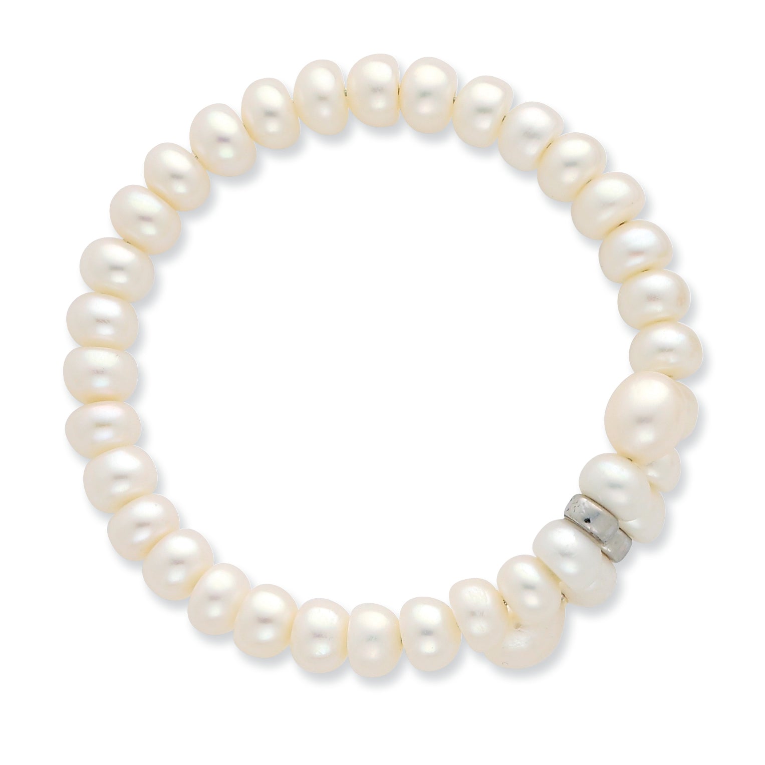 Sterling Silver Rhodium-plated 6-8mm White Button and Rice Freshwater Cultured Pearl Flexible 7.5 inch Bracelet Secondary image