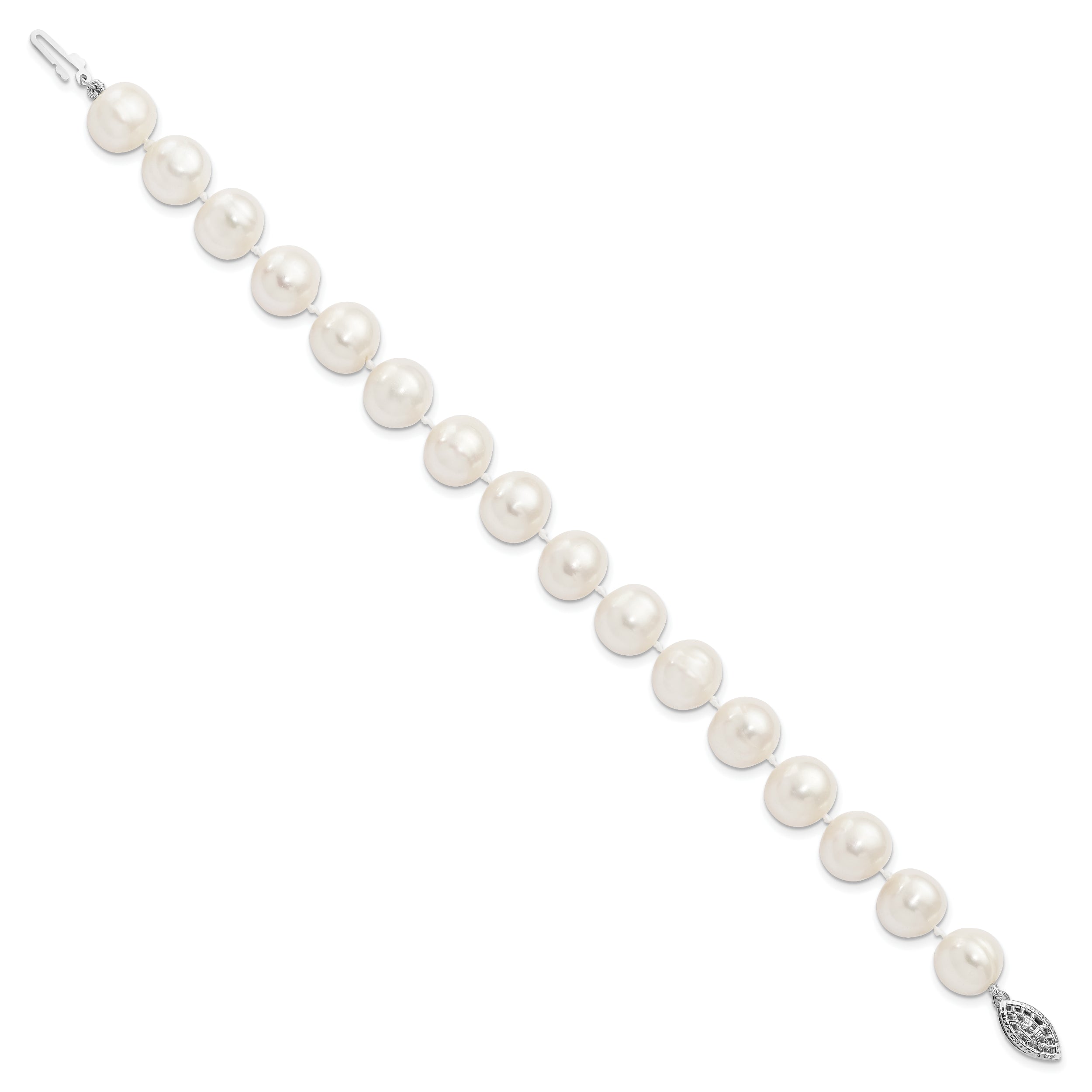 Sterling Silver Rhodium-plated 10-11mm White Near-Round Freshwater Cultured Pearl 7.25 inch Bracelet