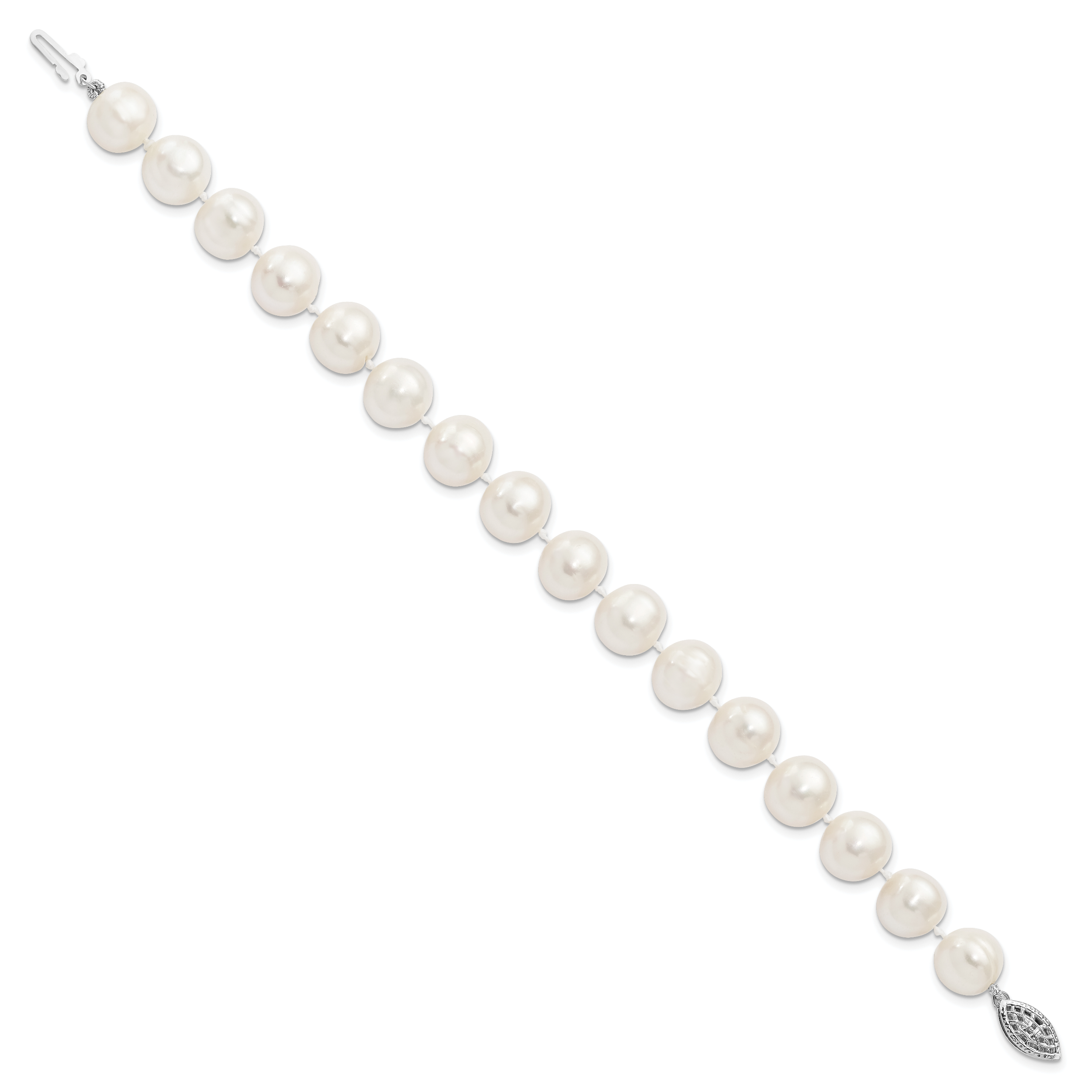 Sterling Silver Rhodium-plated 10-11mm White Near-Round Freshwater Cultured Pearl 7.25 inch Bracelet Secondary image