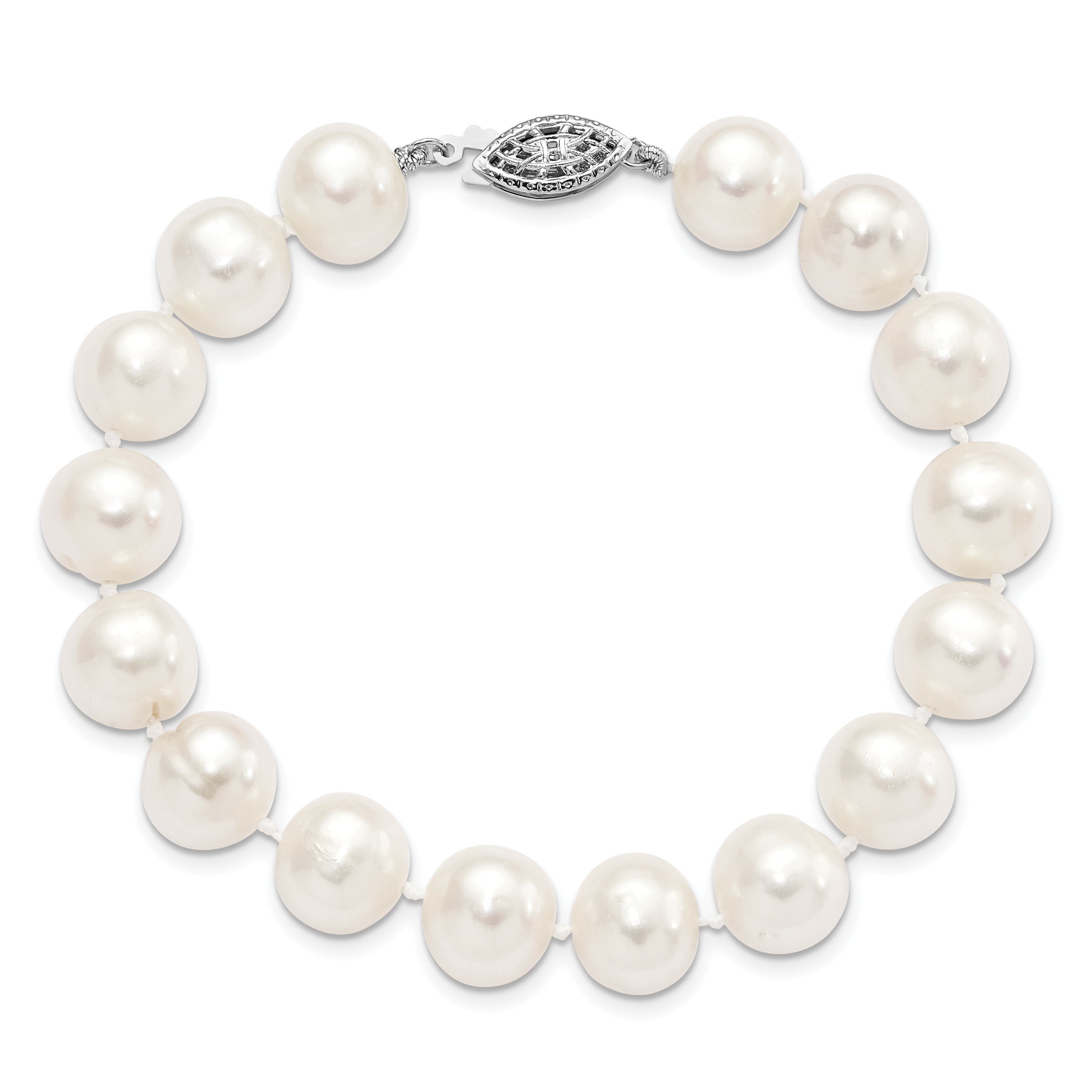 Sterling Silver Rhodium-plated 10-11mm White Near-Round Freshwater Cultured Pearl 8.25 inch Bracelet