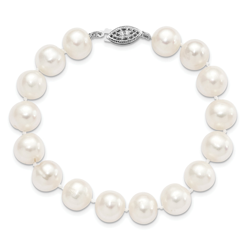 Sterling Silver Rhodium-plated 10-11mm White Near-Round Freshwater Cultured Pearl 8.25 inch Bracelet