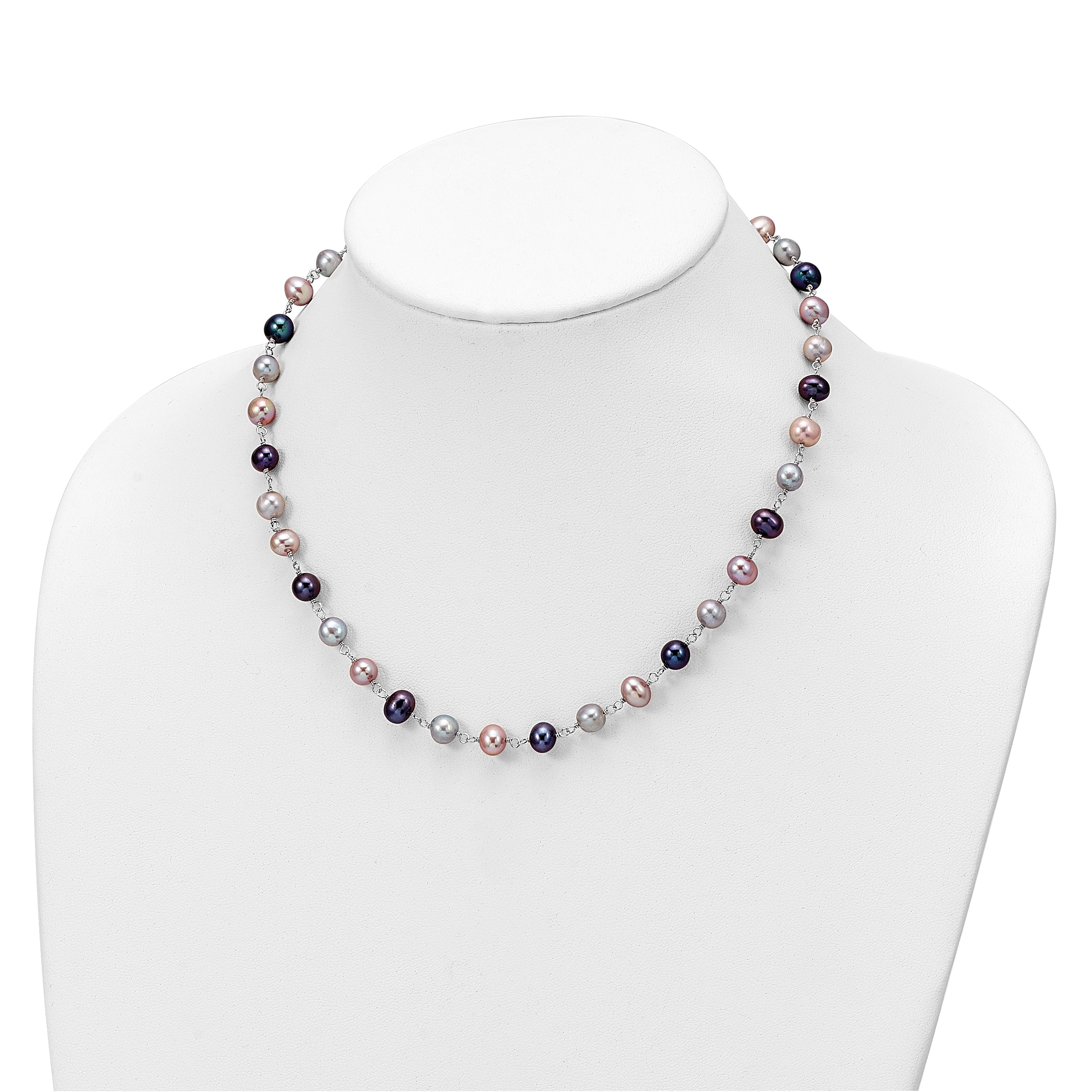 Sterling Silver Rhodium-plated 6-7mm Grey, Pink and Black Semi-Round Freshwater Cultured Pearl 18 inch Necklace, 7.25 inch Bracelet and 3-piece Button Post Earrings Set