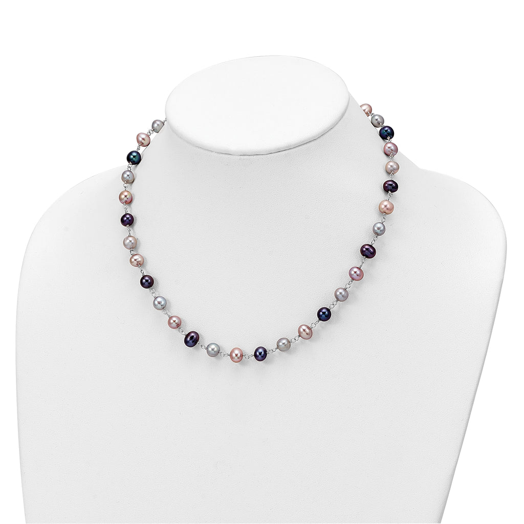Sterling Silver Rhodium-plated 6-7mm Grey, Pink and Black Semi-Round Freshwater Cultured Pearl 18 inch Necklace, 7.25 inch Bracelet and 3-piece Button Post Earrings Set