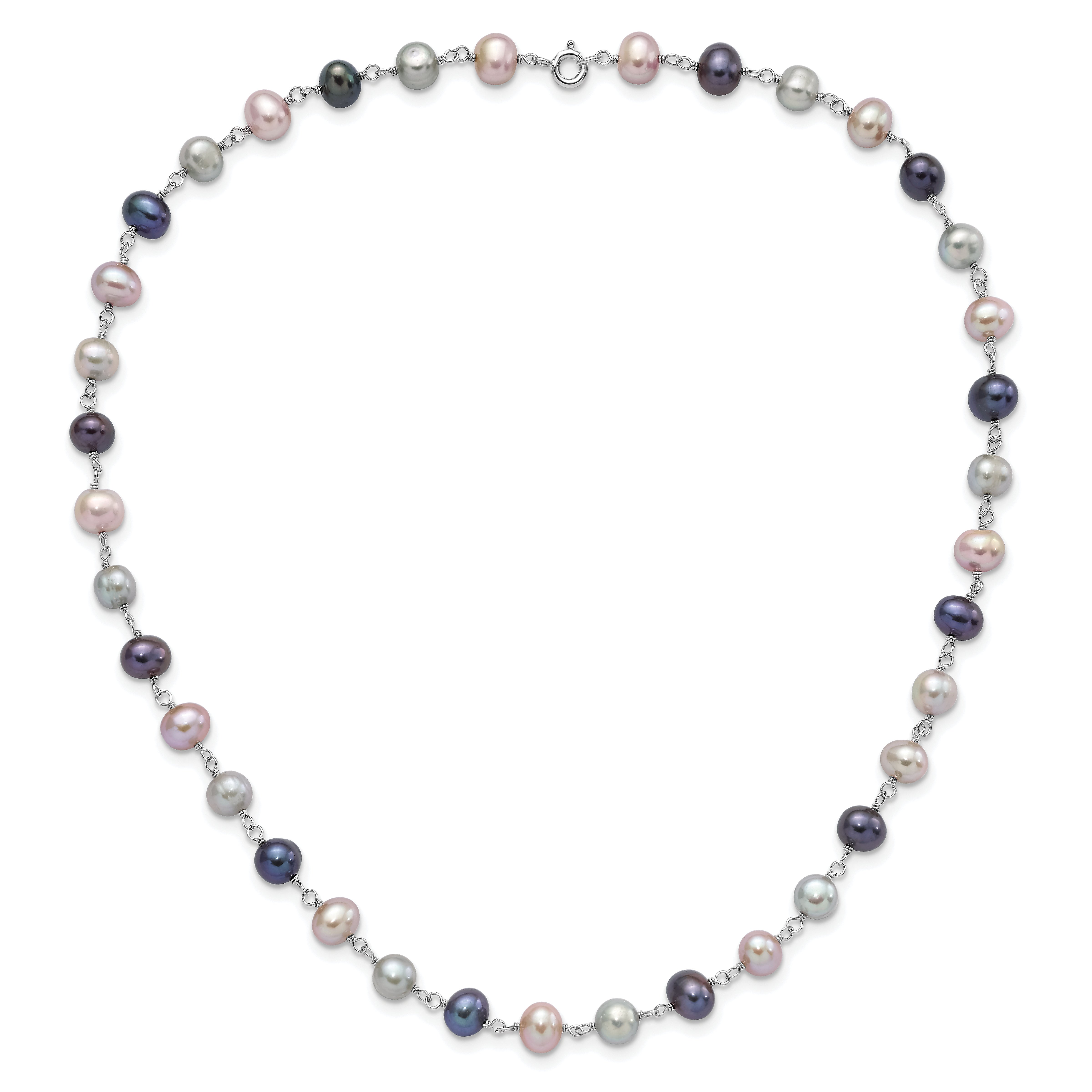 Sterling Silver Rhodium-plated 6-7mm Grey, Pink and Black Semi-Round Freshwater Cultured Pearl 18 inch Necklace, 7.25 inch Bracelet and 3-piece Button Post Earrings Set