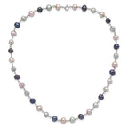 Sterling Silver Rhodium-plated 6-7mm Grey, Pink and Black Semi-Round Freshwater Cultured Pearl 18 inch Necklace, 7.25 inch Bracelet and 3-piece Button Post Earrings Set