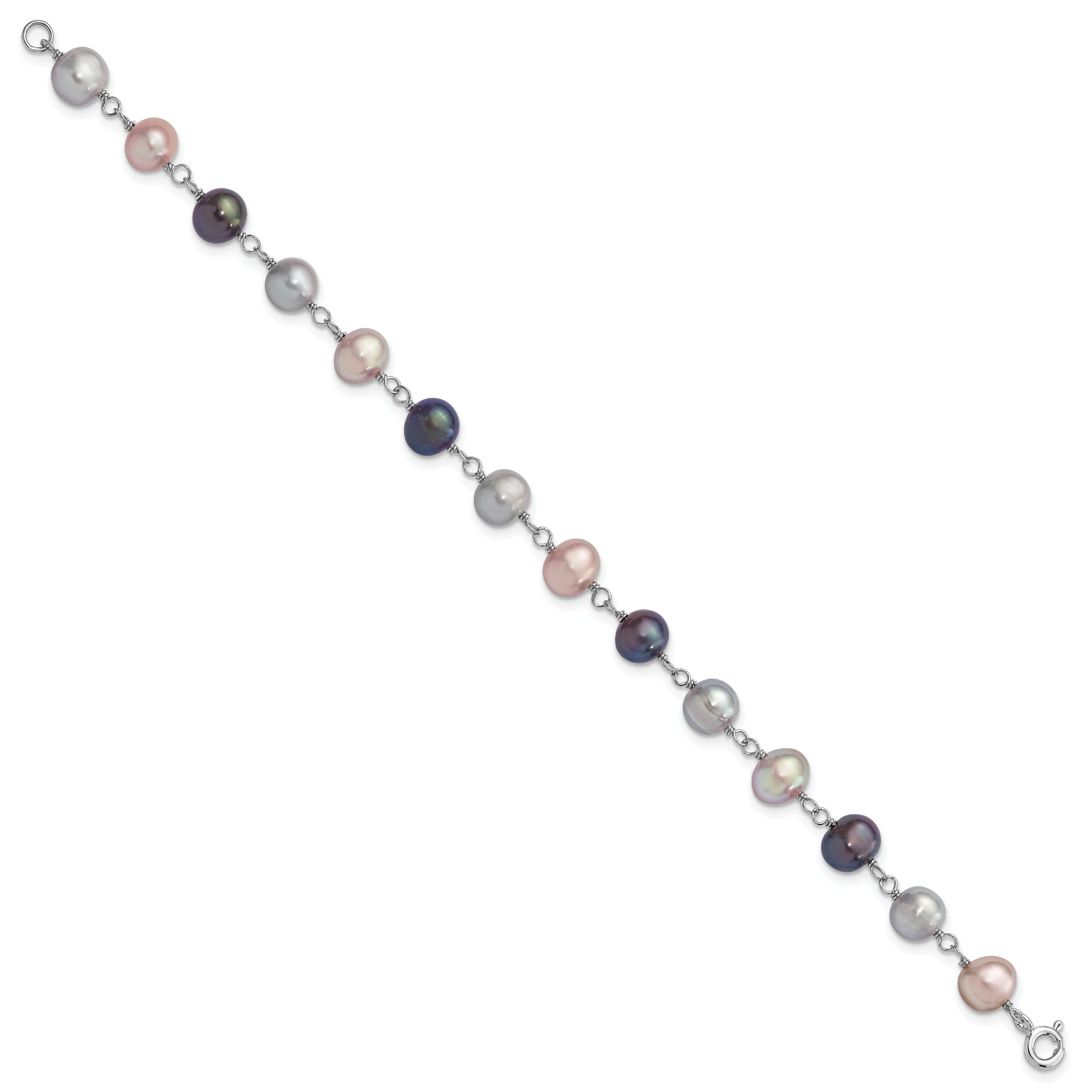 Sterling Silver Rhodium-plated 6-7mm Grey, Pink and Black Semi-Round Freshwater Cultured Pearl 18 inch Necklace, 7.25 inch Bracelet and 3-piece Button Post Earrings Set