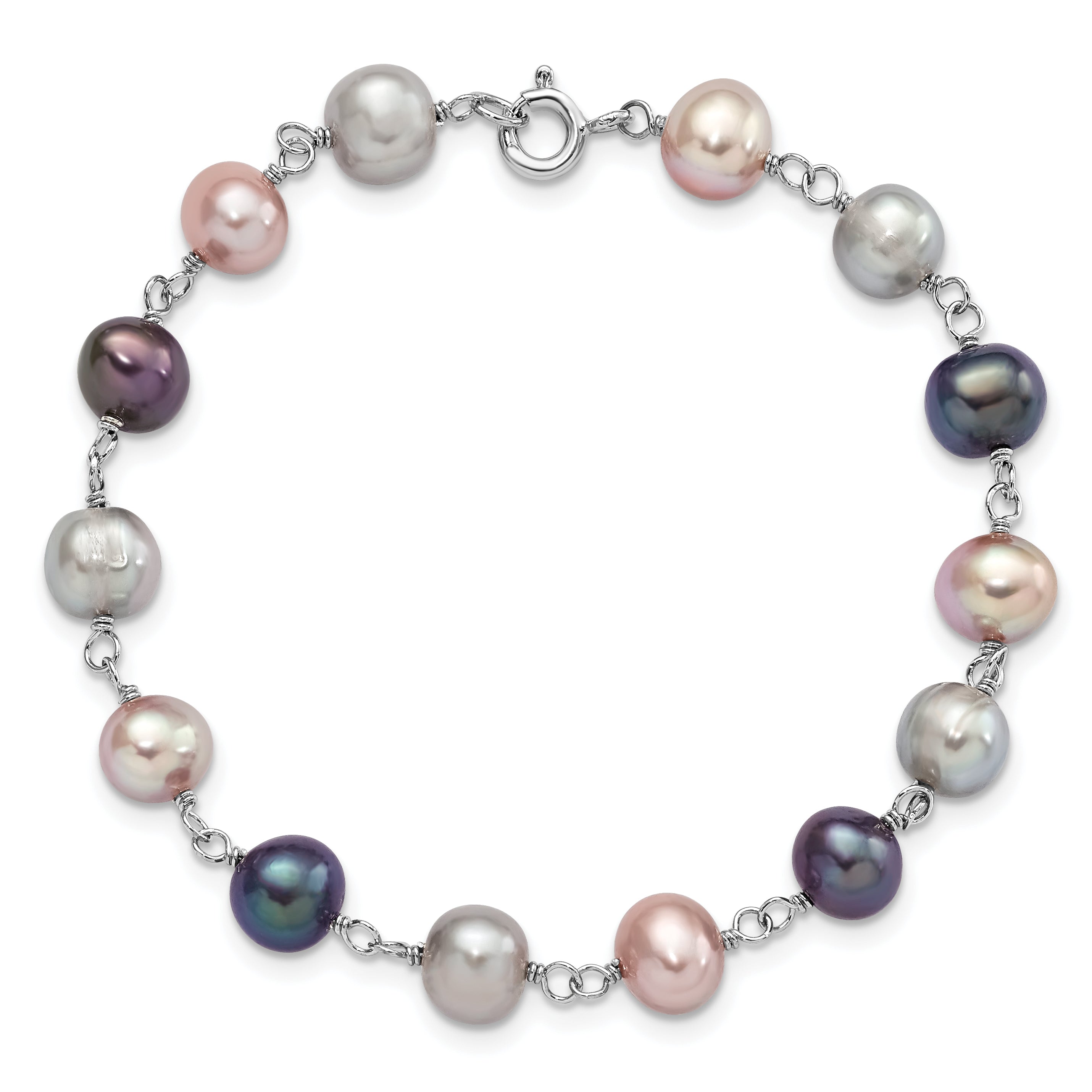 Sterling Silver Rhodium-plated 6-7mm Grey, Pink and Black Semi-Round Freshwater Cultured Pearl 18 inch Necklace, 7.25 inch Bracelet and 3-piece Button Post Earrings Set