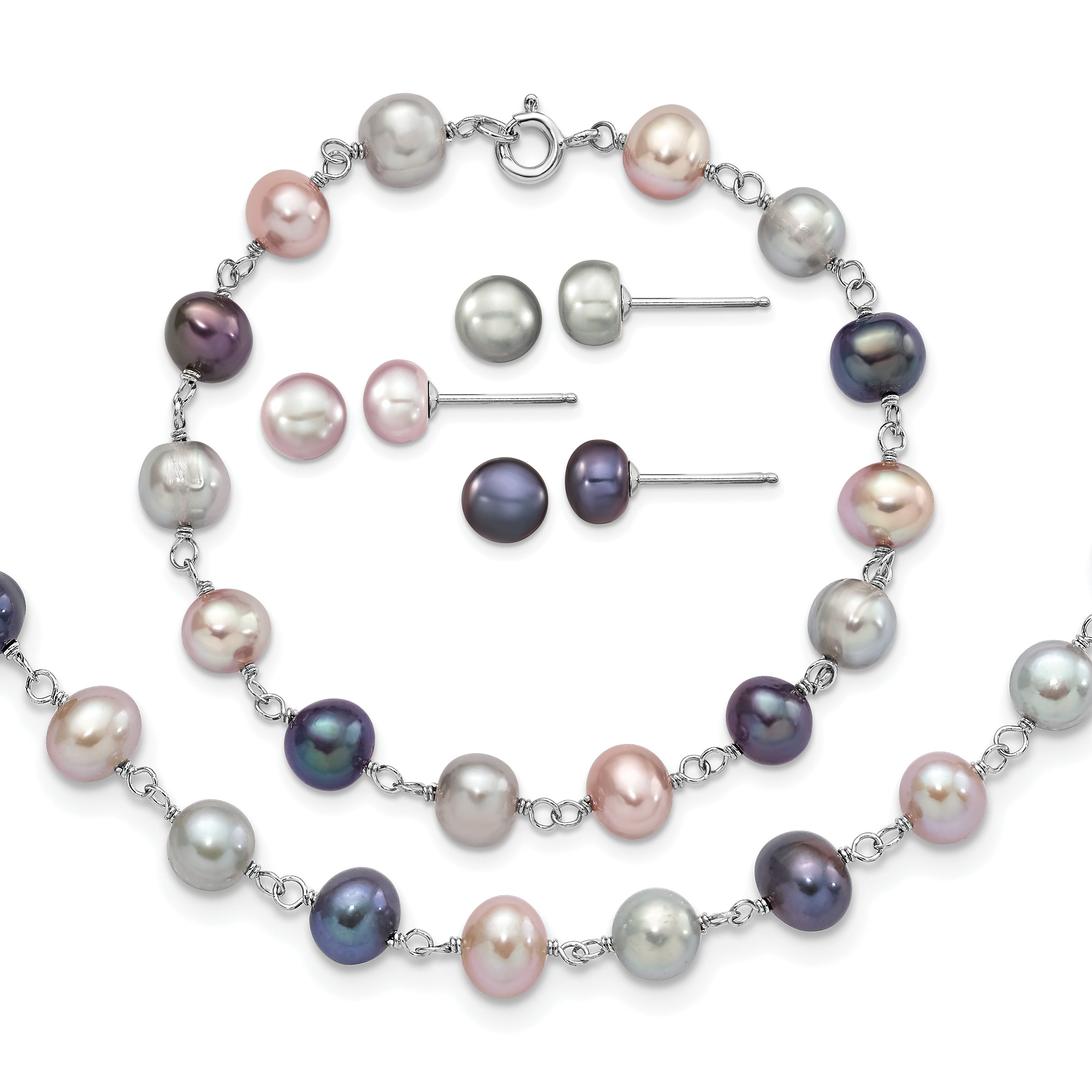 Sterling Silver Rhodium-plated 6-7mm Grey, Pink and Black Semi-Round Freshwater Cultured Pearl 18 inch Necklace, 7.25 inch Bracelet and 3-piece Button Post Earrings Set Main image