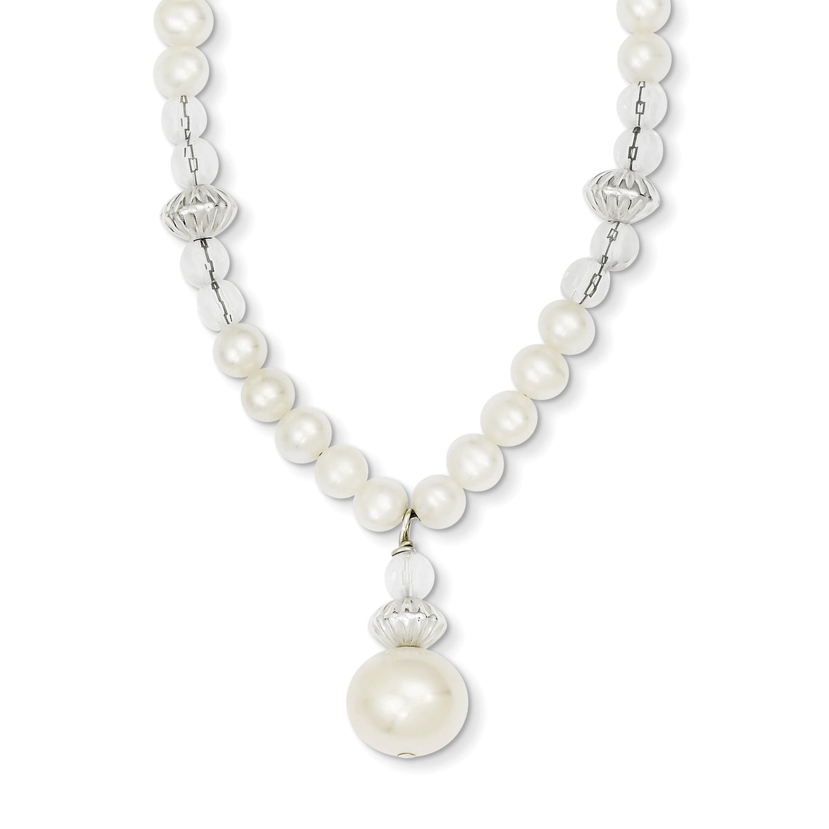 Sterling Silver FW Cultured Pearl & Crystal Bead With 2in Ext Necklace