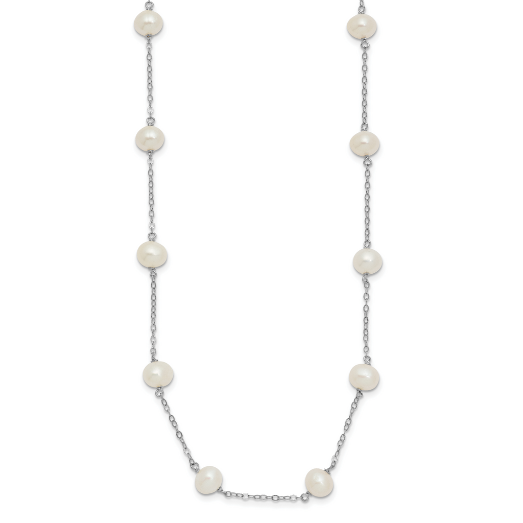Sterling Silver Rhodium-plated 6-7mm White Near-Round Freshwater Cultured Pearl 12-Station Necklace