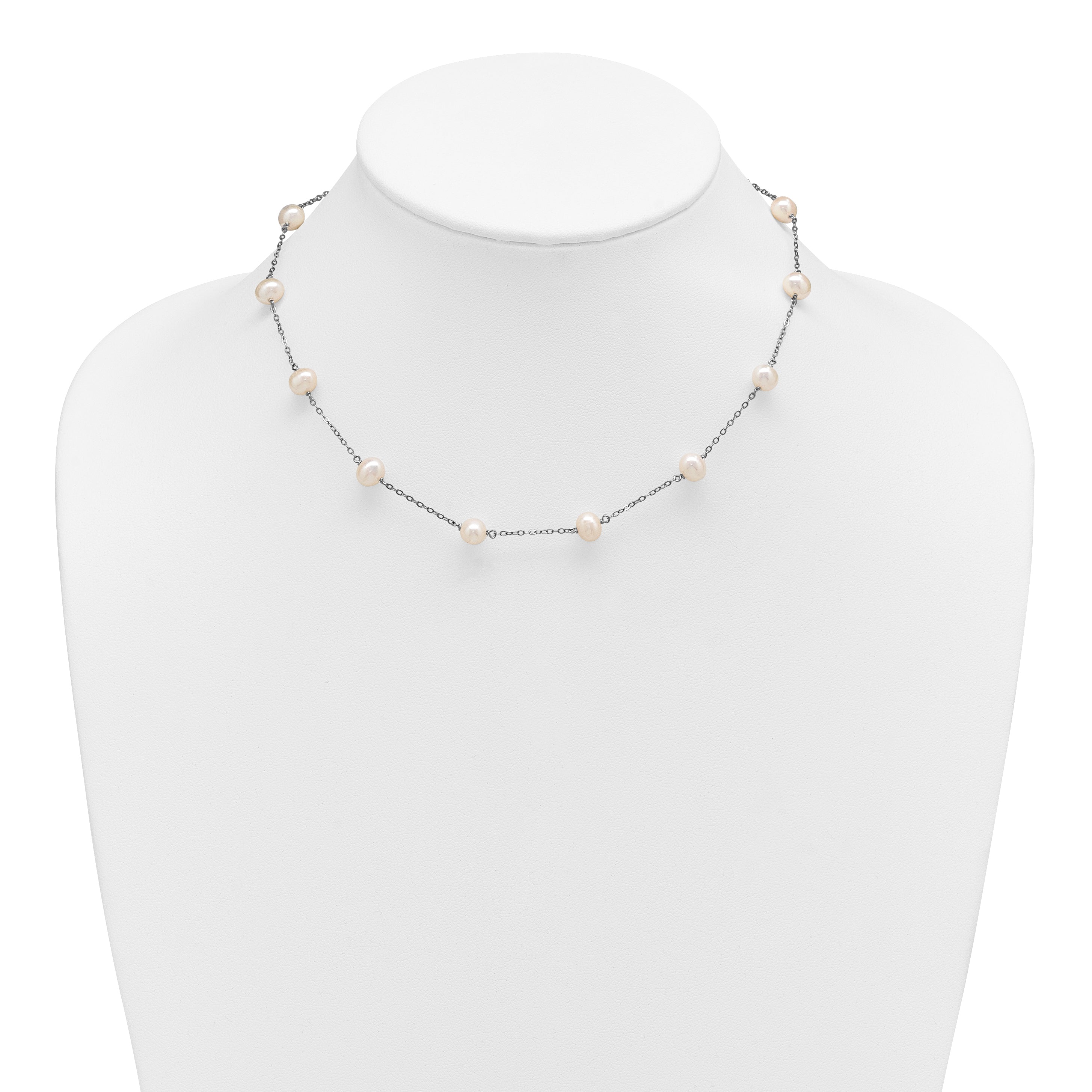 Sterling Silver Rhodium-plated 6-7mm White Near-Round Freshwater Cultured Pearl 12-Station 16 inch Necklace