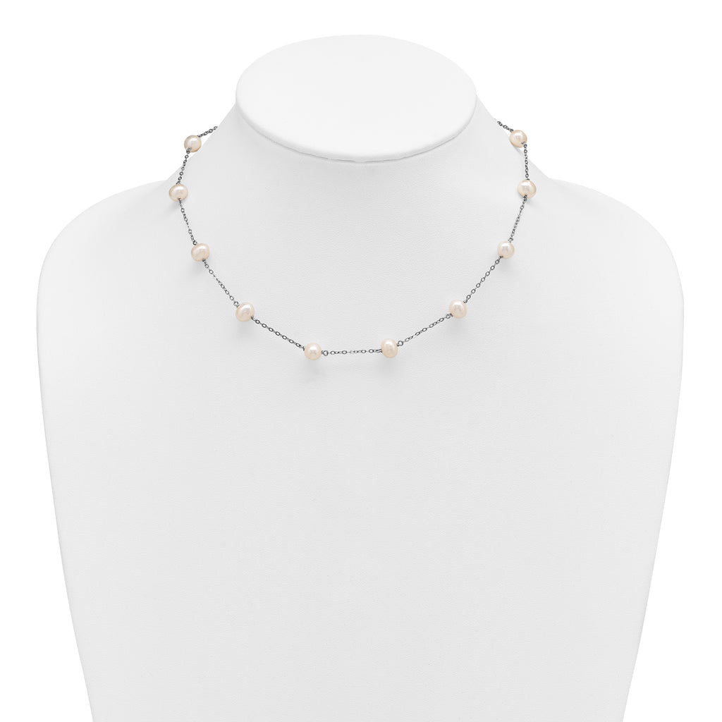 Sterling Silver Rhodium-plated 6-7mm White Near-Round Freshwater Cultured Pearl 12-Station Necklace