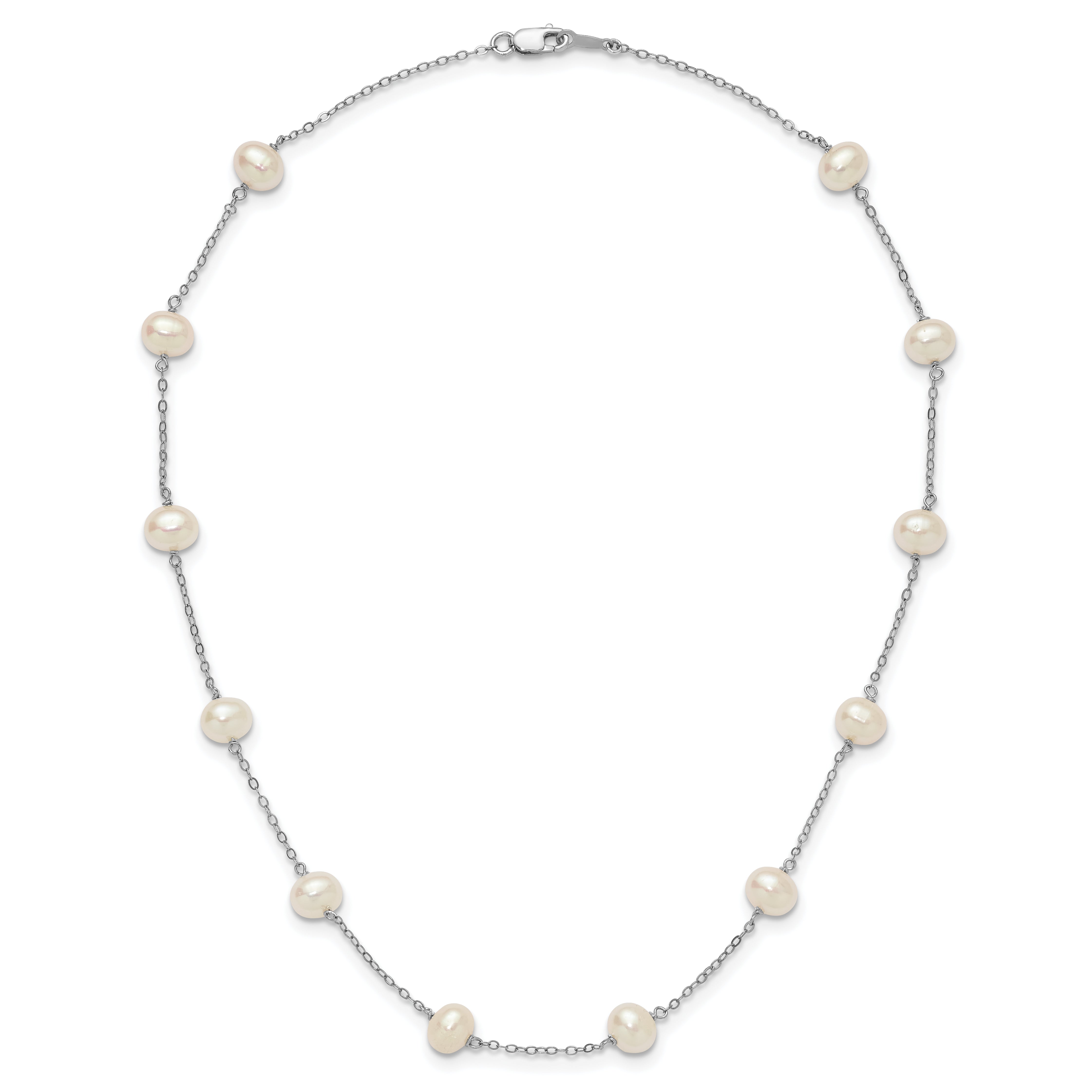 Sterling Silver Rhodium-plated 6-7mm White Near-Round Freshwater Cultured Pearl 12-Station 16 inch Necklace
