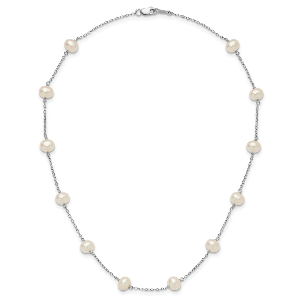 Sterling Silver Rhodium-plated 6-7mm White Near-Round Freshwater Cultured Pearl 12-Station Necklace