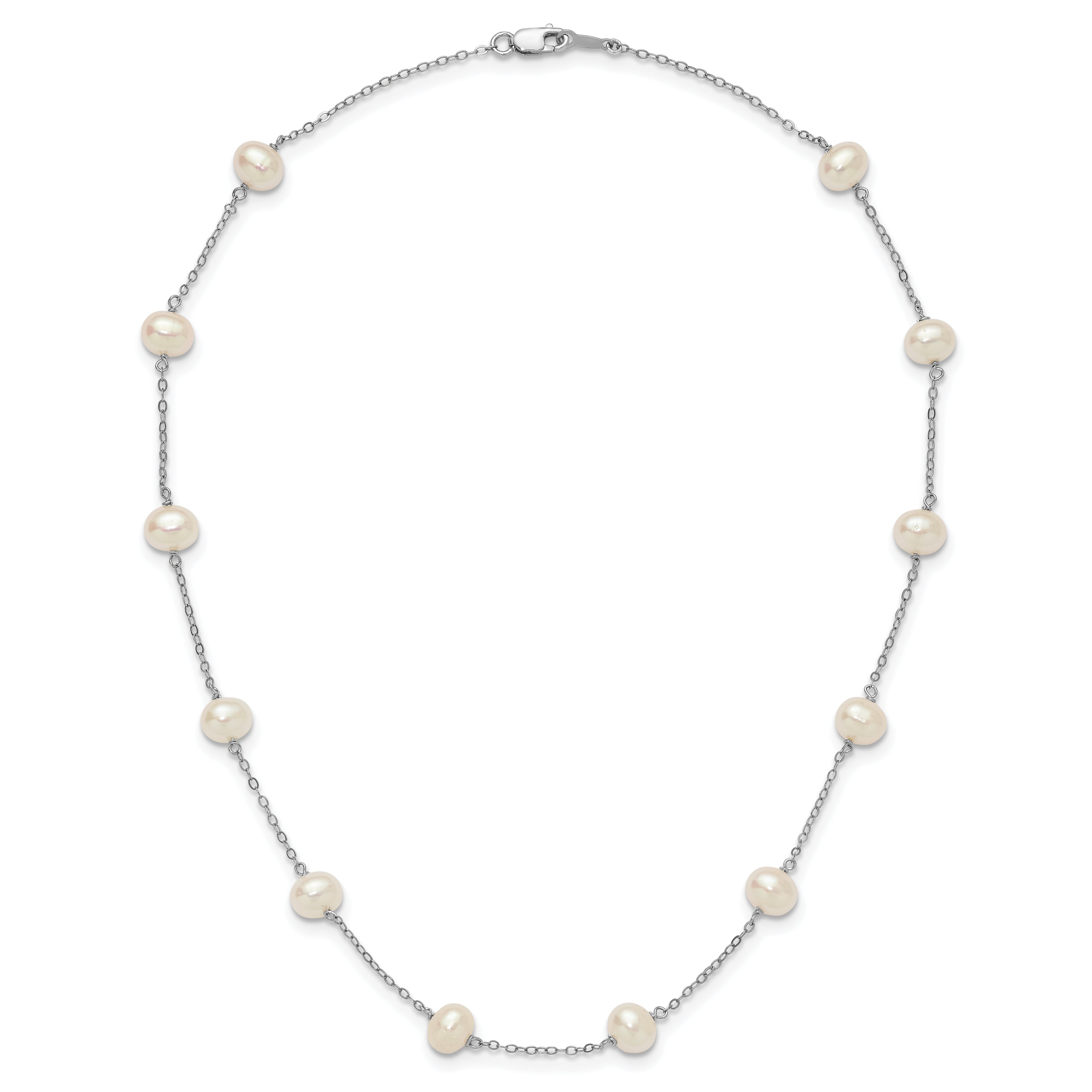 Sterling Silver Rhodium-plated 6-7mm White Near-Round Freshwater Cultured Pearl 12-Station Necklace