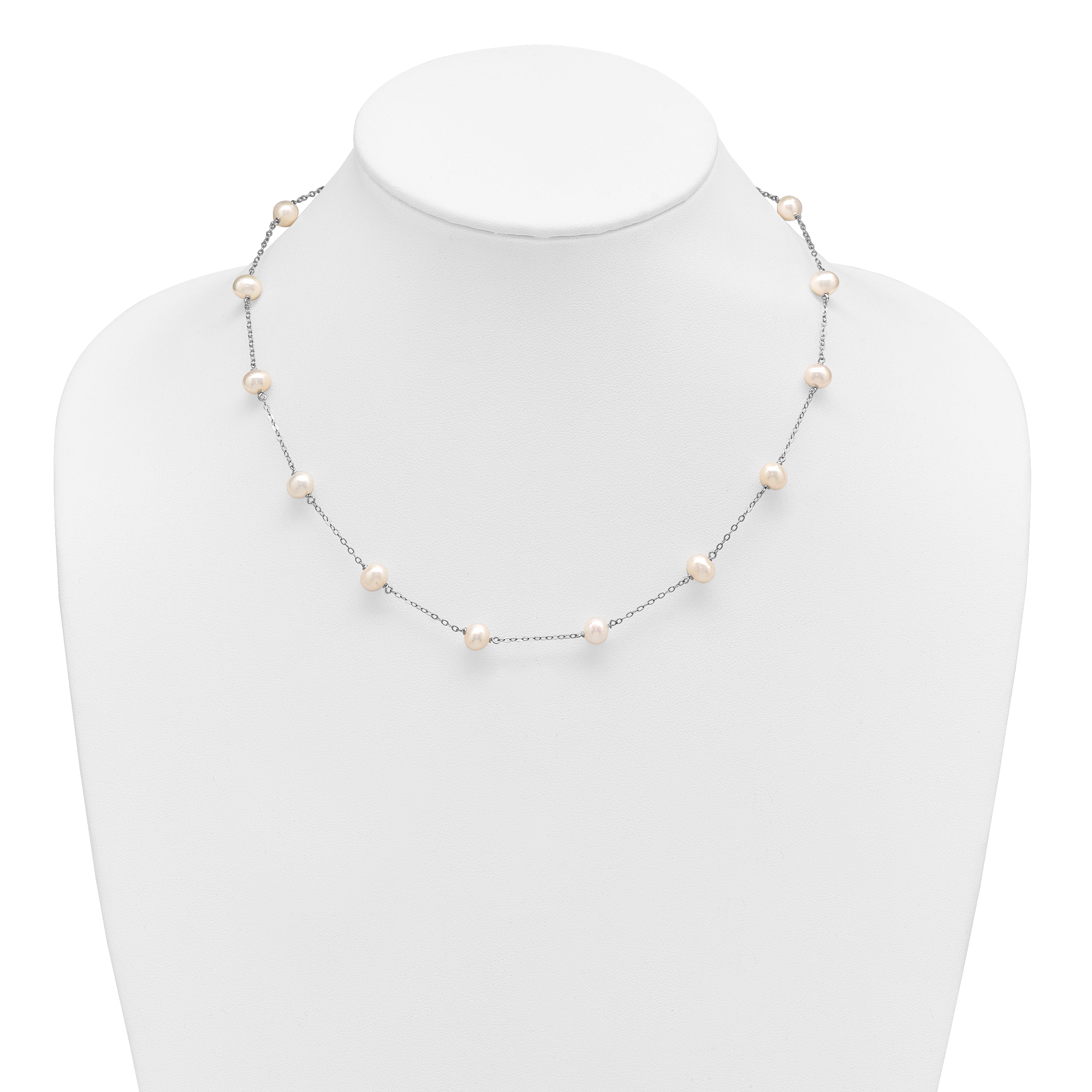 Sterling Silver Rhodium-plated 6-7mm White Near-Round Freshwater Cultured Pearl 14-Station 18 inch Necklace