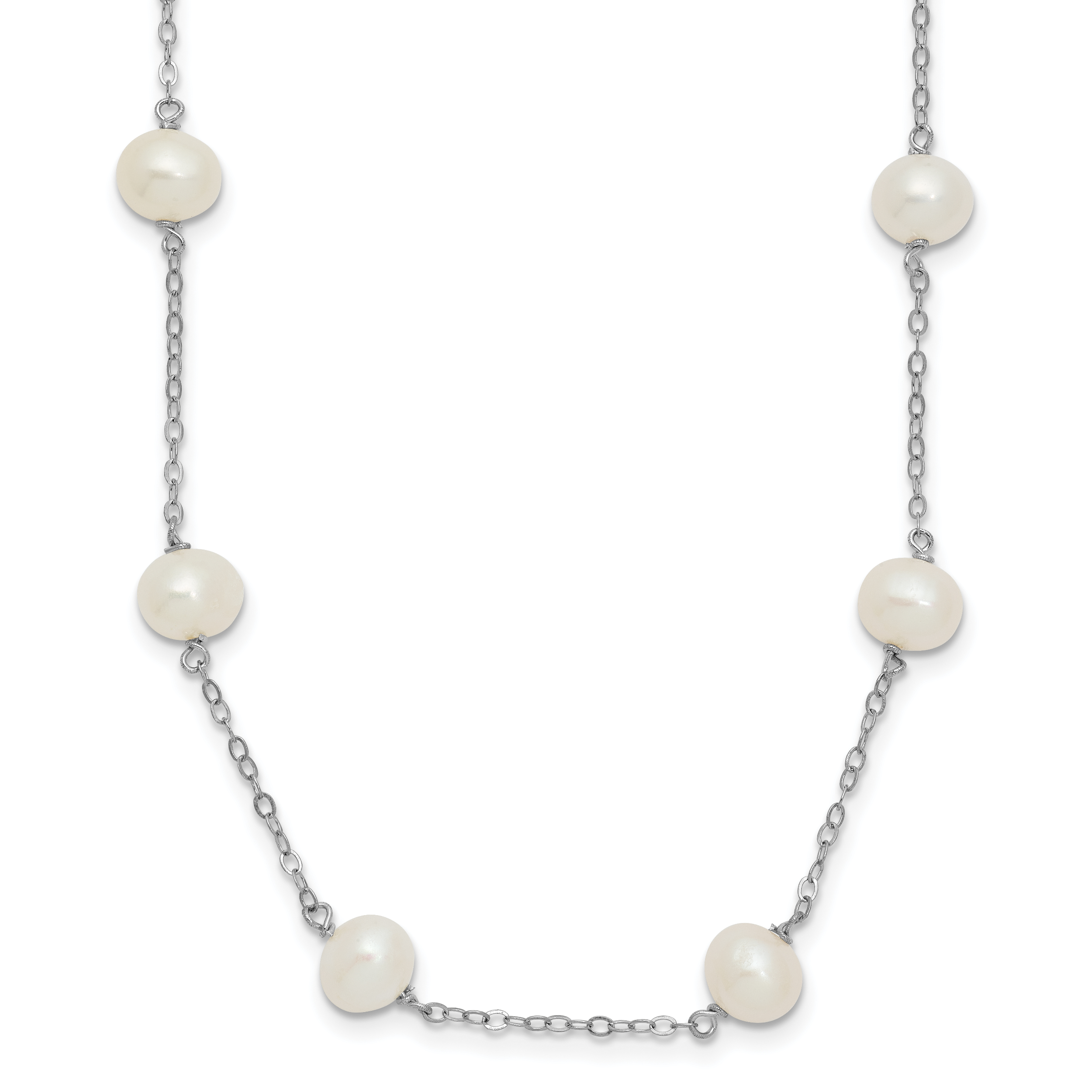 Sterling Silver Rhodium-plated 6-7mm White Near-Round Freshwater Cultured Pearl 12-Station Necklace