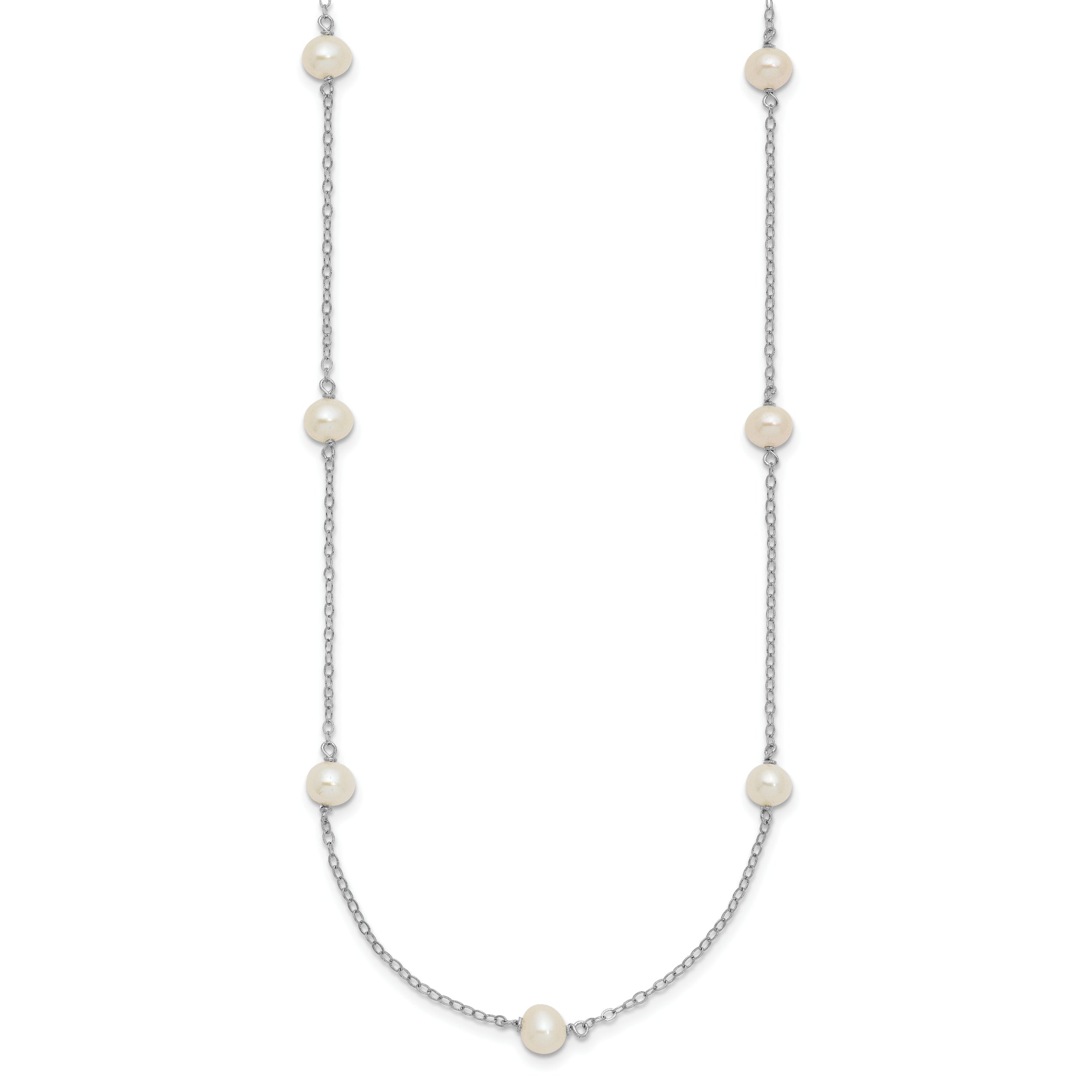 Sterling Silver Rhodium-plated White Near Round Freshwater Cultured Pearl 8-station 20 inch Necklace