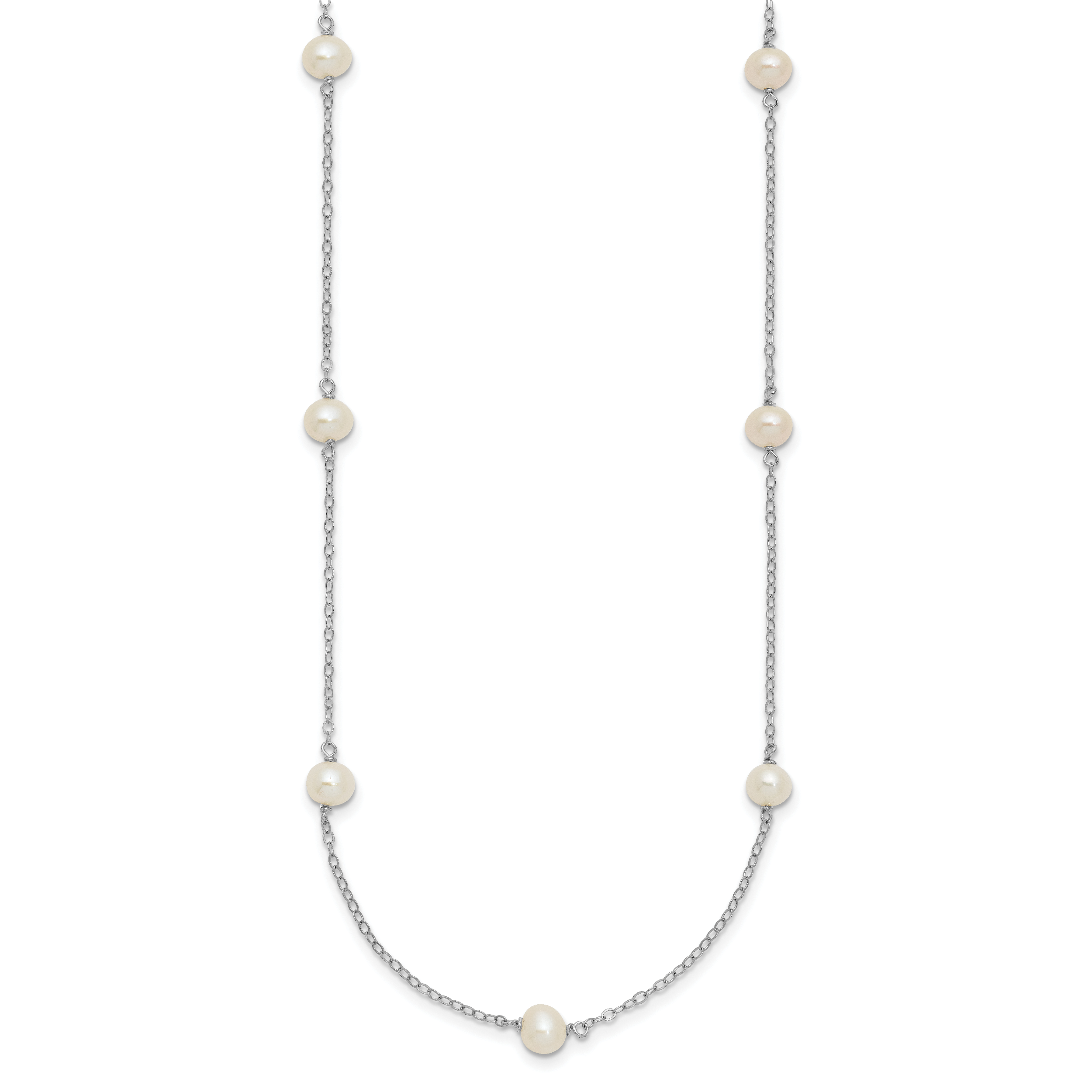 Sterling Silver Rhodium-plated 5-6mm White Near-Round Freshwater Cultured Pearl 8-Station 16 inch Necklace Secondary image